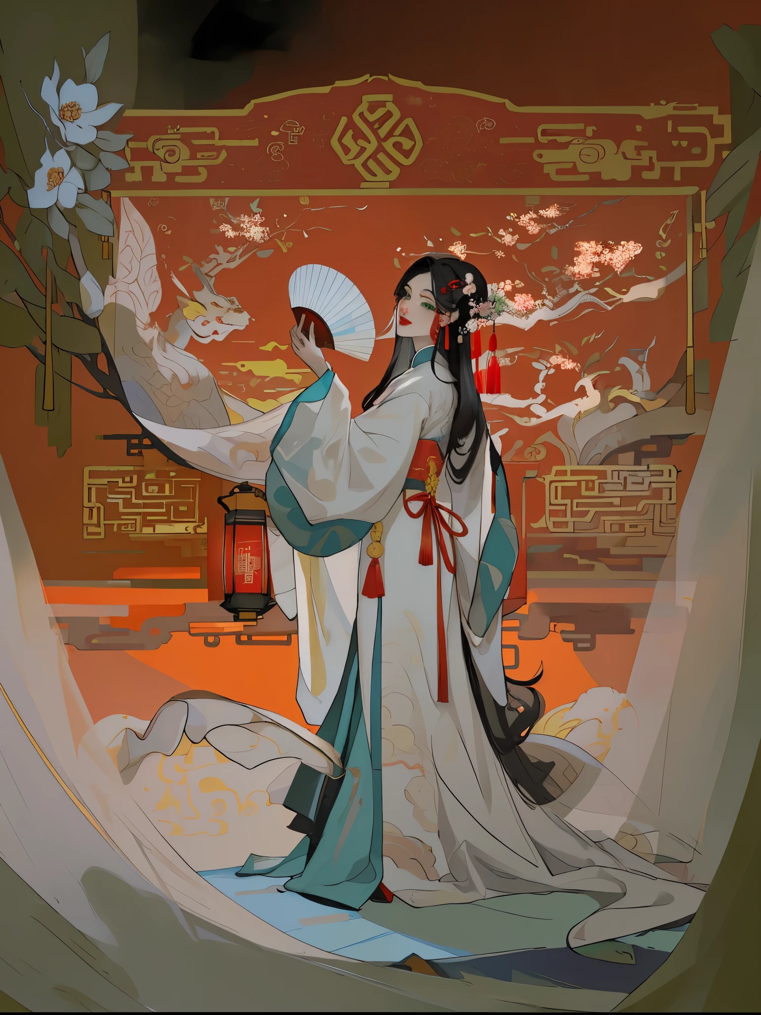 (best quality), ((masterpiece)), (highres), illustration, original, a woman singing opera on the stage, red, Beijing opera, drum, play box, radio, peeling opera facial makeup on face，Solo, 1Girl, holding, standing, long hair, (China_dress: 1.2), (green eyes: 1.1), colored candy, black hair, looking at the audience, upper body, (lantern/lamp: 1.1), flowers, Spring Festival, New Yeareworks: 1.1), long sleeves, Oriental dragon, white background, red shoes, hair accessories, blue theme, Chinese architectural background xiju,,solo,black hair,from side:1.4,hair ornament,makeup,long hair,chinese clothes,looking at viewer,long sleeves,upper body,headdress,eyeshadow,(red background:1.4),