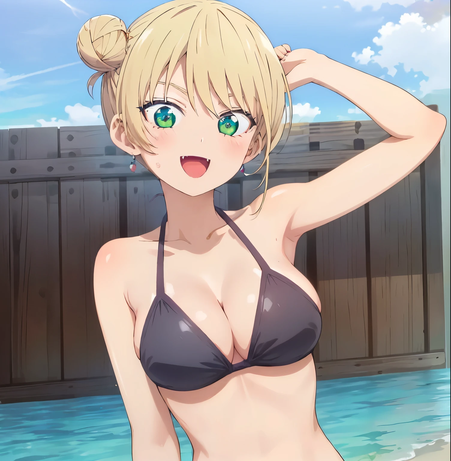 (extremely detailed CG unity 8k wallpaper), (masterpiece), (best quality), (ultra-detailed), (best illustration), (best shadow), (absurdres), 1girl, alone, Mirika hoshizaki, blonde hair, solo, breasts, swimsuit, double bun, bikini, hair bun, open mouth, earrings, black bikini, cleavage, smile, jewelry, green eyes, large breasts, looking at viewer, beach background, short hair, :d, blush, gradient background, fangs, upper body, excellent hands, excellent anatomy 