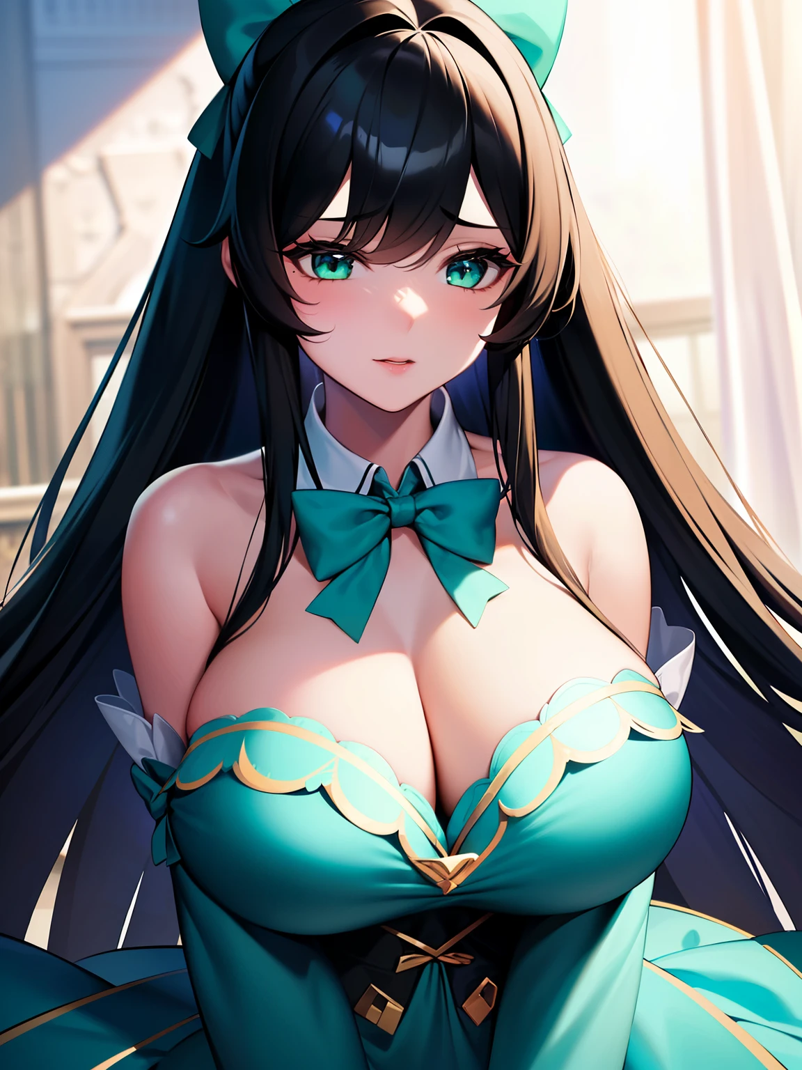(8K, Best quality, tmasterpiece:1.2),\(eye detailed\),(\(Clothes detail details\)\),full bodyesbian,(huge tit),(Facial focus) ,Very detailed CG unity 8K wallpaper,hugefilesize,ultra - detailed,A high resolution,absurderes,beautidful eyes,Ray traching,dramatic shadow,finely detailled,Dramatic angles,Hyper-detailing,(1 girl:1.3),(Solo),,Mature female,Long hair black,Green eyes,Wearing(cosplaying_magical girl,very cute turquoise dress with ruffles,Large Ribbon Bow Tie Back),