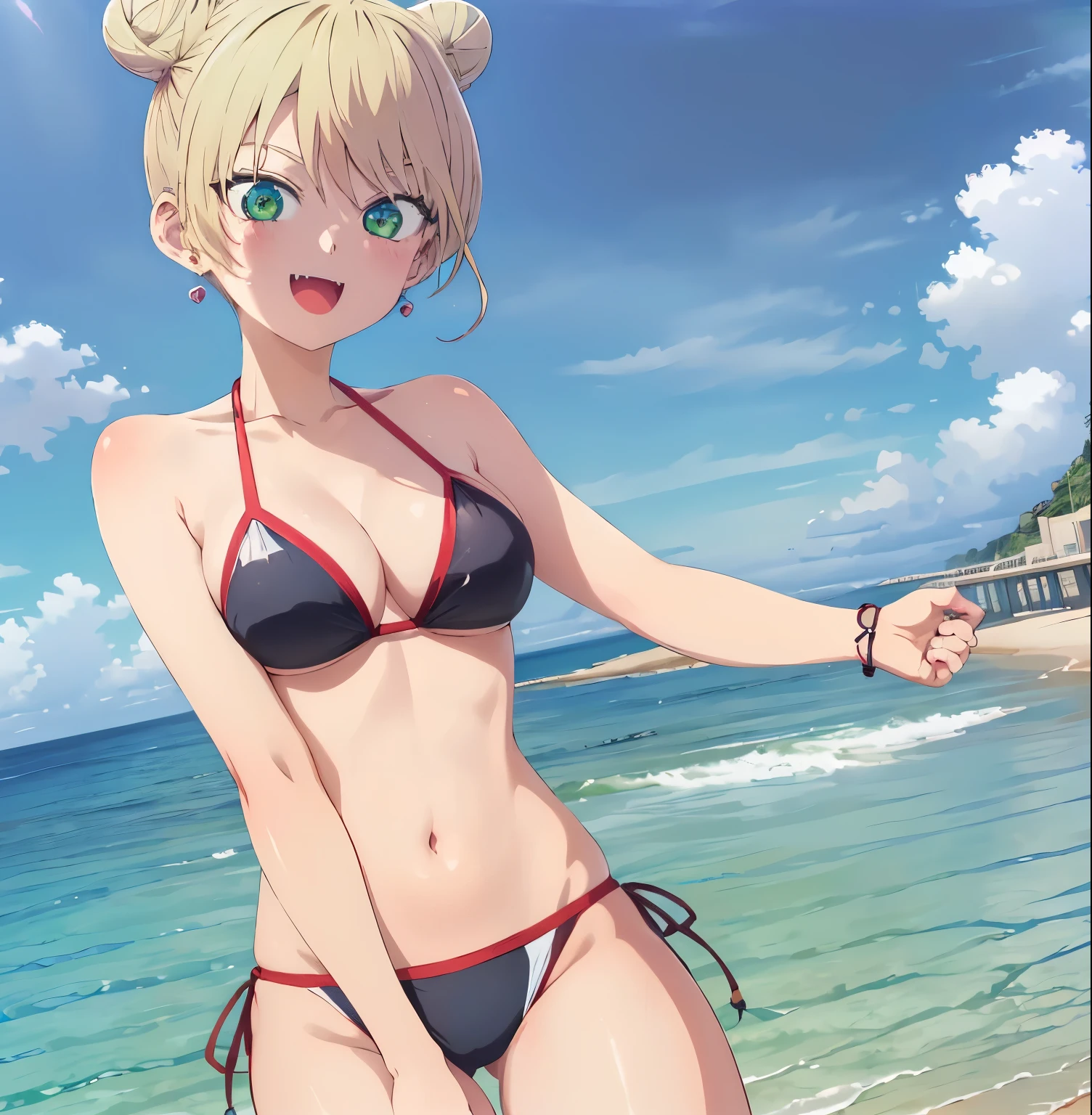 (extremely detailed CG unity 8k wallpaper), (masterpiece), (best quality), (ultra-detailed), (best illustration), (best shadow), (absurdres), 1girl, alone, Mirika hoshizaki, blonde hair, solo, breasts, swimsuit, double bun, bikini, hair bun, open mouth, earrings, black bikini, cleavage, smile, jewelry, green eyes, large breasts, looking at viewer, beach background, short hair, :d, blush, gradient background, fangs, upper body, excellent hands, excellent anatomy