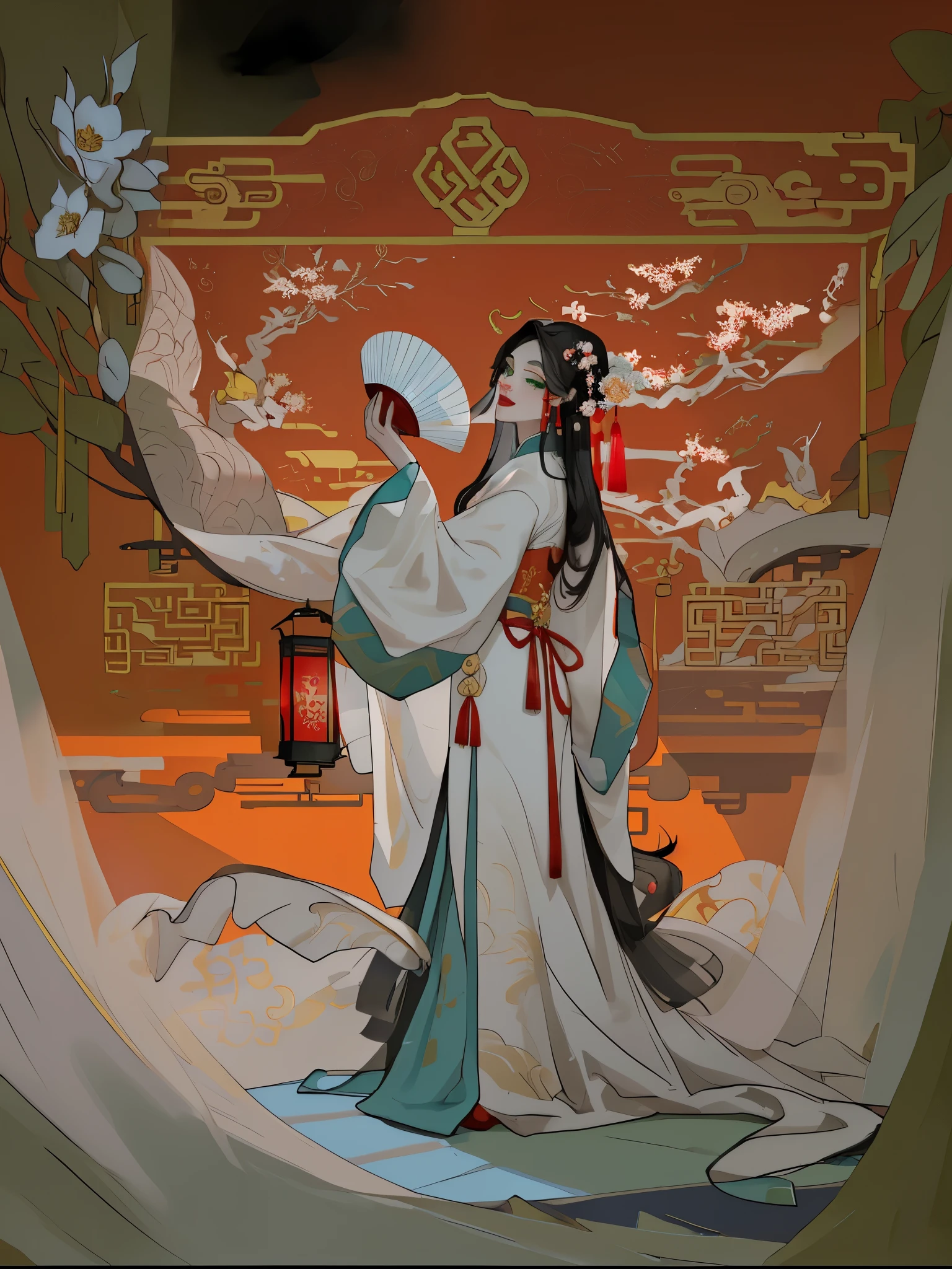(best quality), ((masterpiece)), (highres), illustration, original, a woman singing opera on the stage, red, Beijing opera, drum, play box, radio, peeling opera facial makeup on face，Solo, 1Girl, holding, standing, long hair, (China_dress: 1.2), (green eyes: 1.1), colored candy, black hair, looking at the audience, upper body, (lantern/lamp: 1.1), flowers, Spring Festival, New Yeareworks: 1.1), long sleeves, Oriental dragon, white background, red shoes, hair accessories, blue theme, Chinese architectural background xiju,,solo,black hair,from side:1.4,hair ornament,makeup,long hair,chinese clothes,looking at viewer,long sleeves,upper body,headdress,eyeshadow,(red background:1.4),