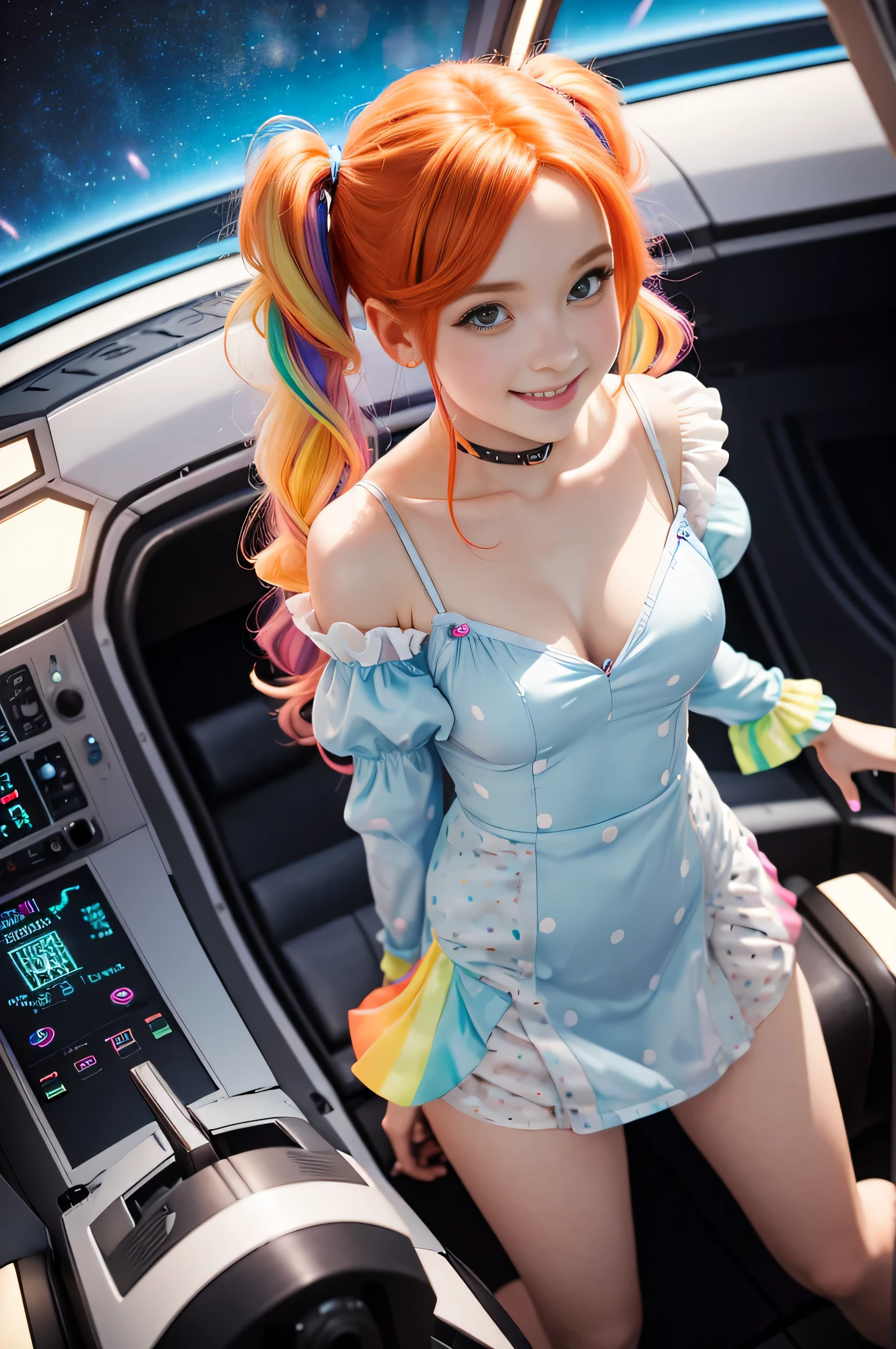 (overhead view) Cute redhead with rainbow colored hair tips, ribbons in her hair, 18-year-old woman, happy, smiling, in twin tails, perfect eyes, clear sparkling blue eyes, pale skin, silky smooth skin, flying a fancy metal luxurious space ship, futuristic cockpit, she's a pilot, outer space seen in windows, dark warm lighting, wearing a futuristic party dress, low cut, pleated (chemise) mini dress (pastel rainbow colors, and polka dots), puffy sleeves, silk, pantyhose, cute short cut booties, boots.