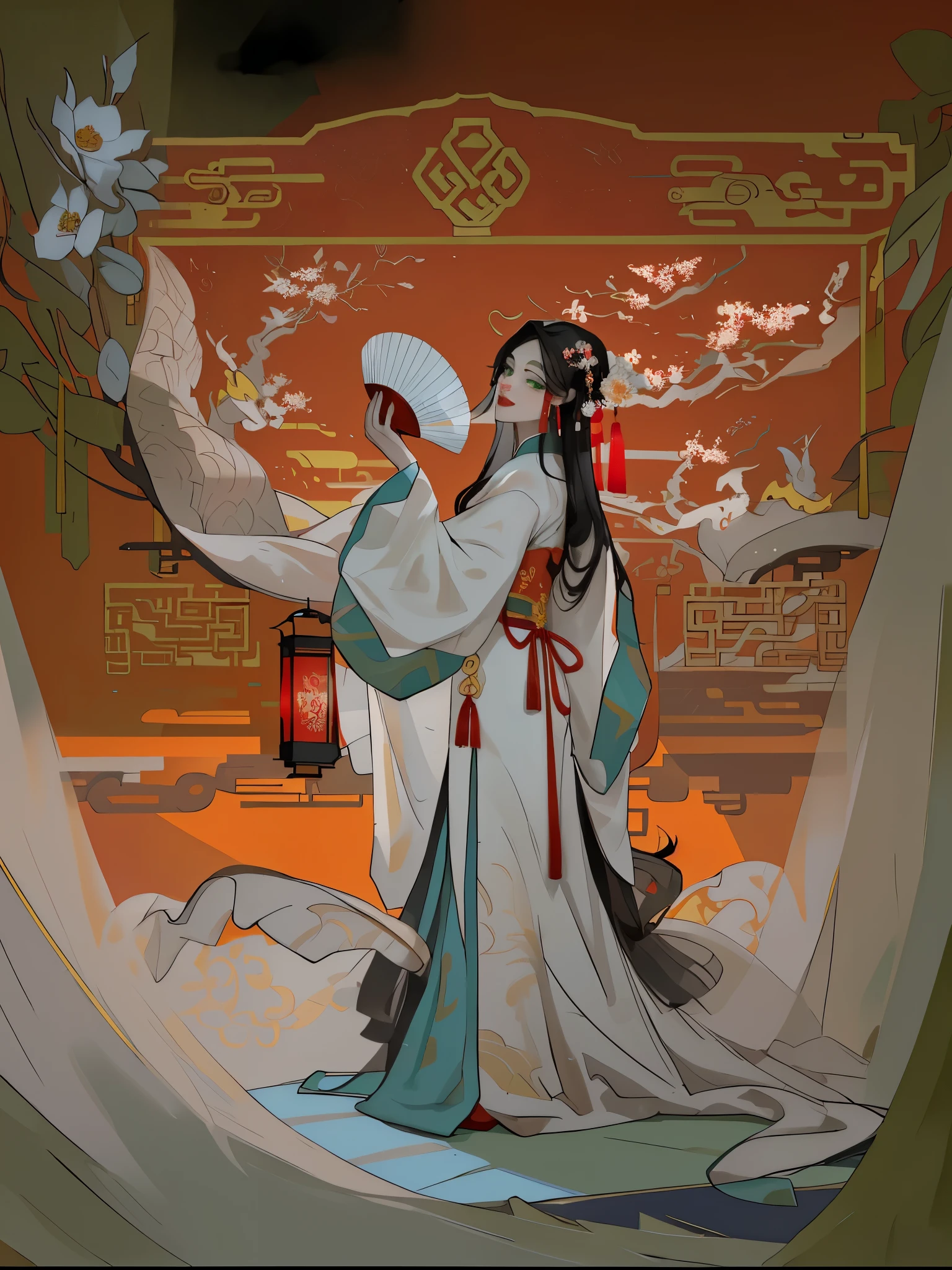 (best quality), ((masterpiece)), (highres), illustration, original, a woman singing opera on the stage, red, Beijing opera, drum, play box, radio, peeling opera facial makeup on face,Solo, 1Girl, holding, standing, long hair, (China_dress: 1.2), (green eyes: 1.1), colored candy, black hair, looking at the audience, upper body, (lantern/lamp: 1.1), flowers, Spring Festival, New Yeareworks: 1.1), long sleeves, Oriental dragon, white background, red shoes, hair accessories, blue theme, Chinese architectural background xiju,,solo,black hair,from side:1.4,hair ornament,makeup,long hair,chinese clothes,looking at viewer,long sleeves,upper body,headdress,eyeshadow,(red background:1.4),