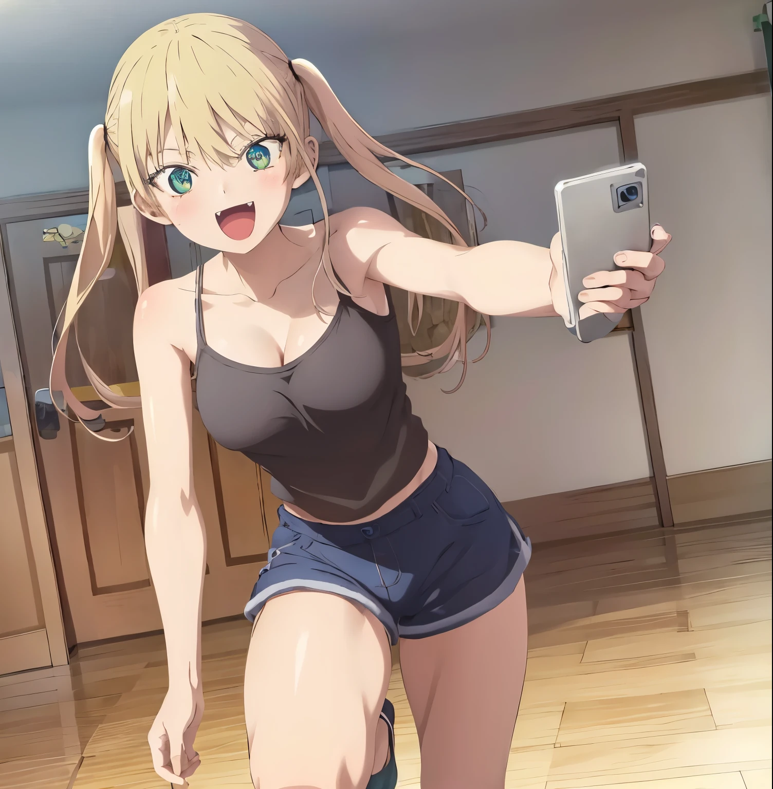 (extremely detailed CG unity 8k wallpaper), (masterpiece), (best quality), (ultra-detailed), (best illustration), (best shadow), (absurdres), 1girl, alone, Mirika hoshizaki, blonde hair, solo, twintails, breasts,  tank top, open mouth, cleavage, smile,  wooden floor, skirt, collarbone, blue eyes, phone, short sleeves, hair between eyes, bangs, :d, fangs, blush, fang, indoors , dolphin shorts, anime, mirror selfie, holding phone, excellent hands, excellent anatomy 