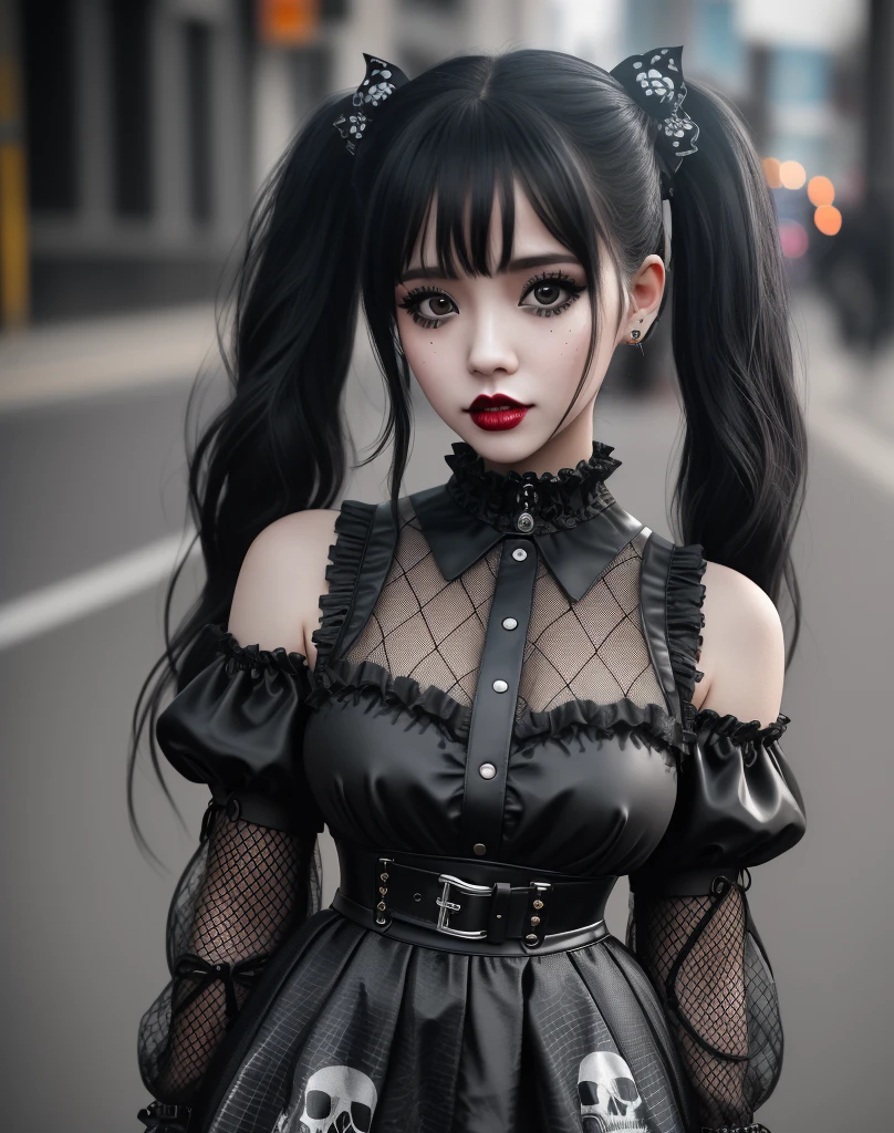 Masterpiece, absurdres,award winning photo, extremely detailed, amazing, fine detail, extremely detailed eyes and face, by lee jeffries nikon d850 film stock photograph 4 kodak portra 400 camera f1.6 lens rich colors hyper realistic lifelike texture dramatic lighting unrealengine trending on artstation cinestill 800 tungsten,goth woman, thepit bimbo, glossy, (face ultra closeup shot:1.325)

 GothGal, (ultra short skirt, fishnet stockings, gothic print, imprinted skulls:1.25), a woman in a black and white outfit is standing on the street,woman wearing a GothGal outfit, large boots, twin tail, frilly dress, lace, ribbon, lipstick, pale skin