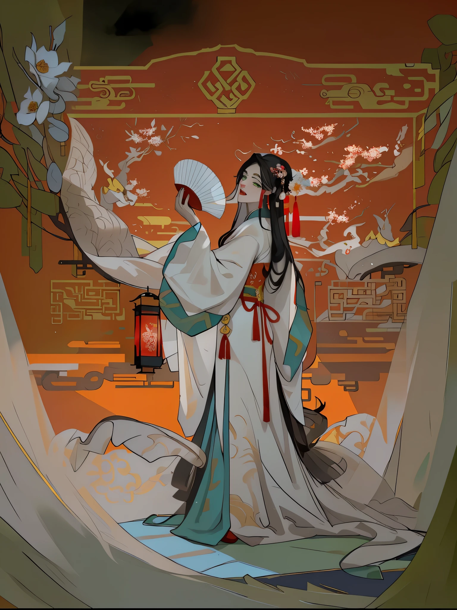 (best quality), ((masterpiece)), (highres), illustration, original, a woman singing opera on the stage, red, Beijing opera, drum, play box, radio, peeling opera facial makeup on face,Solo, 1Girl, holding, standing, long hair, (China_dress: 1.2), (green eyes: 1.1), colored candy, black hair, looking at the audience, upper body, (lantern/lamp: 1.1), flowers, Spring Festival, New Yeareworks: 1.1), long sleeves, Oriental dragon, white background, red shoes, hair accessories, blue theme, Chinese architectural background xiju,,solo,black hair,from side:1.4,hair ornament,makeup,long hair,chinese clothes,looking at viewer,long sleeves,upper body,headdress,eyeshadow,(red background:1.4),