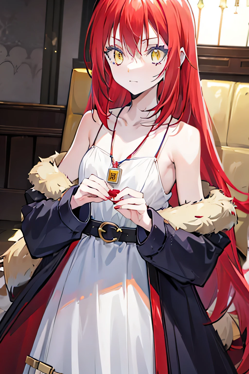 1girl, solo, Blood Red Hair, Yellow Eyes, fair skin, vial necklace on neck,