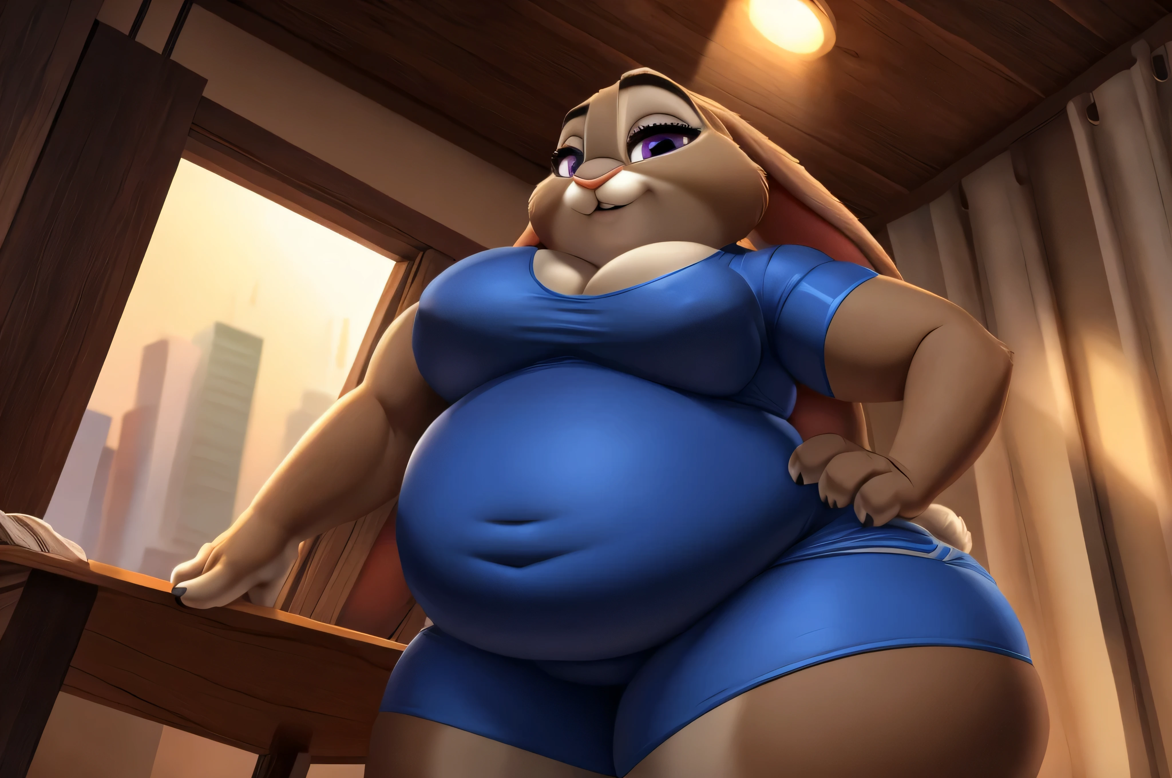 Judy Hopps Peluda, coelhinha, zootopia, grandes olhos lindos, pele do corpo, curvando-se, wearing standard sportswear, mostrando bunda, melhor qualidade, high resolution, Curvo, muito gordo, quadris largos, enorme, coxas grossas e macias, muito gordo flabby arms, Realistic lighting, alto detalhe, Rosto detalhado, sombreamento realista, rolos de gordura, tamanho enorme, seios gigantescos e enormes transbordando de gordura, decote enorme, pesado, mais tamanho, everything is fat, textura macia, lindos olhos grandes, semi-realista, dynamic angle, pattern clothes, muito gordo, SSBBW, fat arms