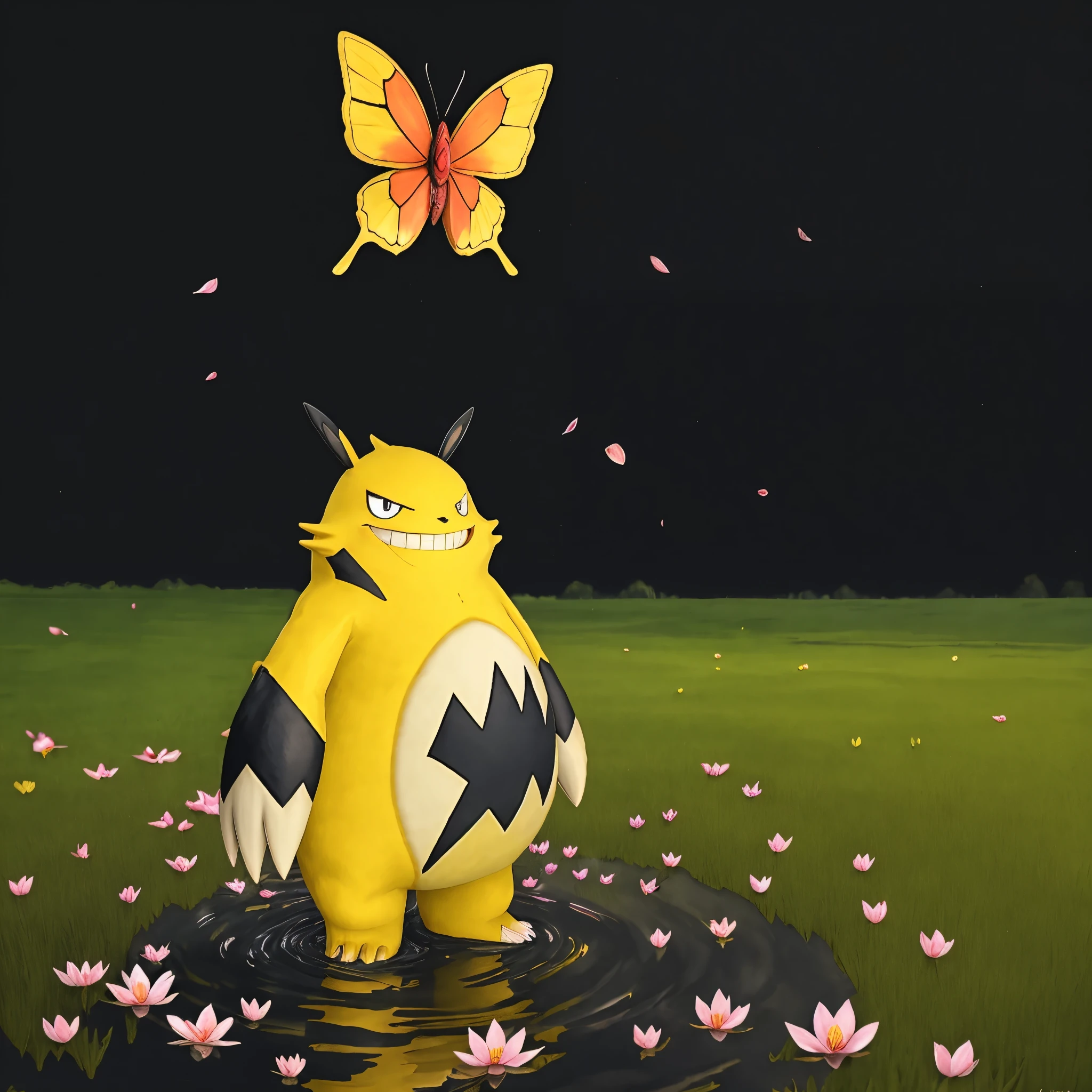 baodianxiong,full body,grin,looking at viewer,no humans,pokemon \(creature\),simple background,smile,solo,standing,((ink)),(water color),bloom effect,detailed beautiful grassland with petal,flower,butterfly,necklace,smile,petal,(((surrounded by heavy floating petal flow)))