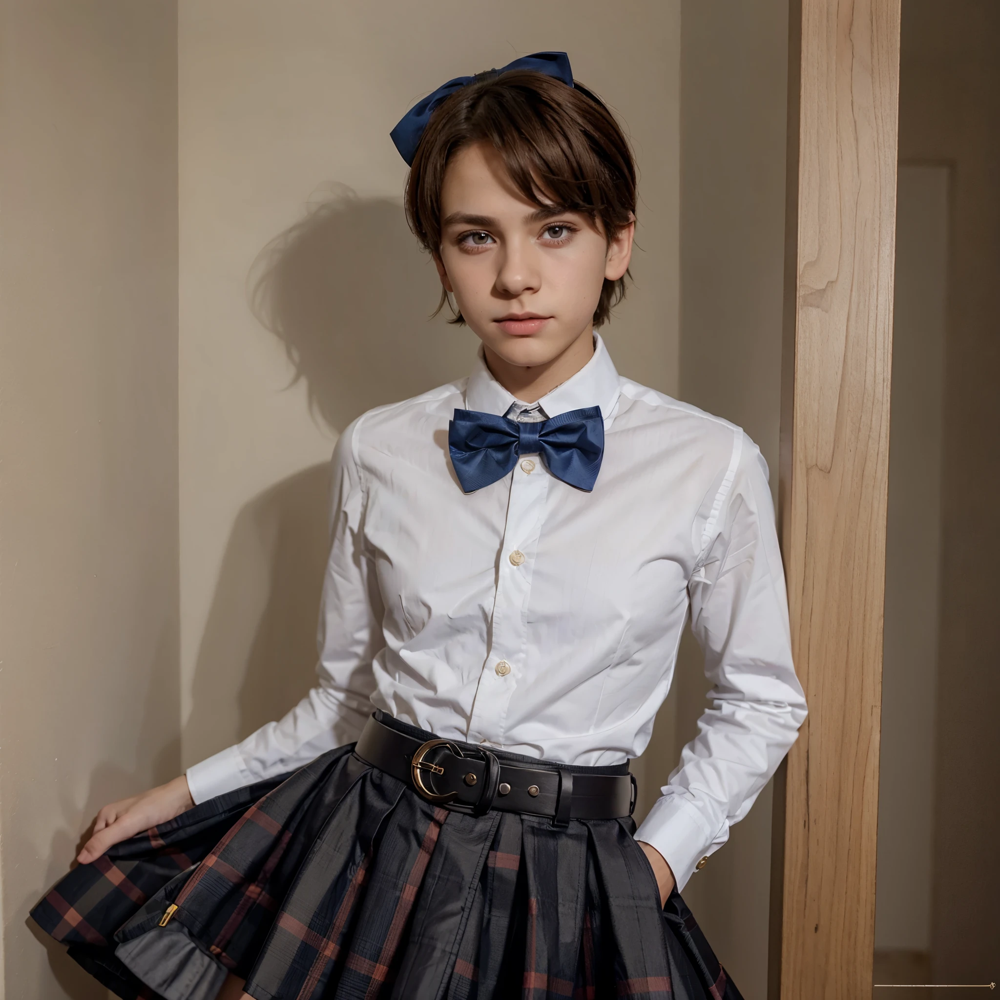 A femboy named Leo wearing a skirt with belt button up and bow tie baby eyes detailed