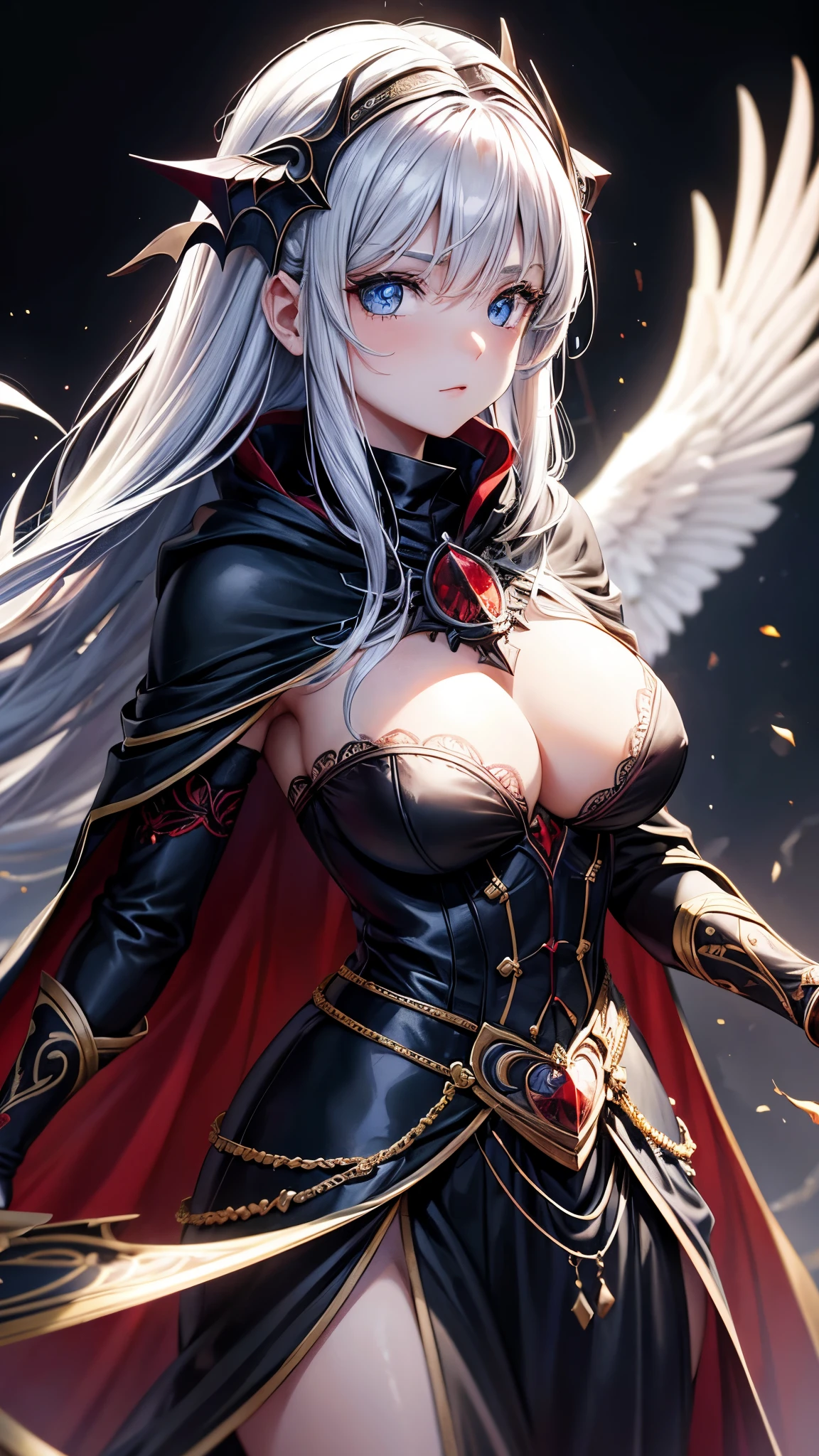 ((garota ruiva scarlet)) com olhos azuis, wears elegant ebony armor, adornada com intrincados detalhes em prata, that enhance your demonic nature. Armor hugs your curves, ressaltando sua silhueta esbelta. O elmo possui chifres finamente esculpidos, reflecting your demonic heritage, while a thin layer of shadows dances around her, conferindo um toque misterioso.
Um manto negro e fluido, que parece absorver a luz ao seu redor, complementa sua vestimenta. Magical symbols of darkness are embroidered on the cloak, echoing his mastery over that element. Adornando seus pulsos, enchanted bracelets emit a soft blue luminescence, destacando seus ((cabelos ruivos)) e olhos azuis.