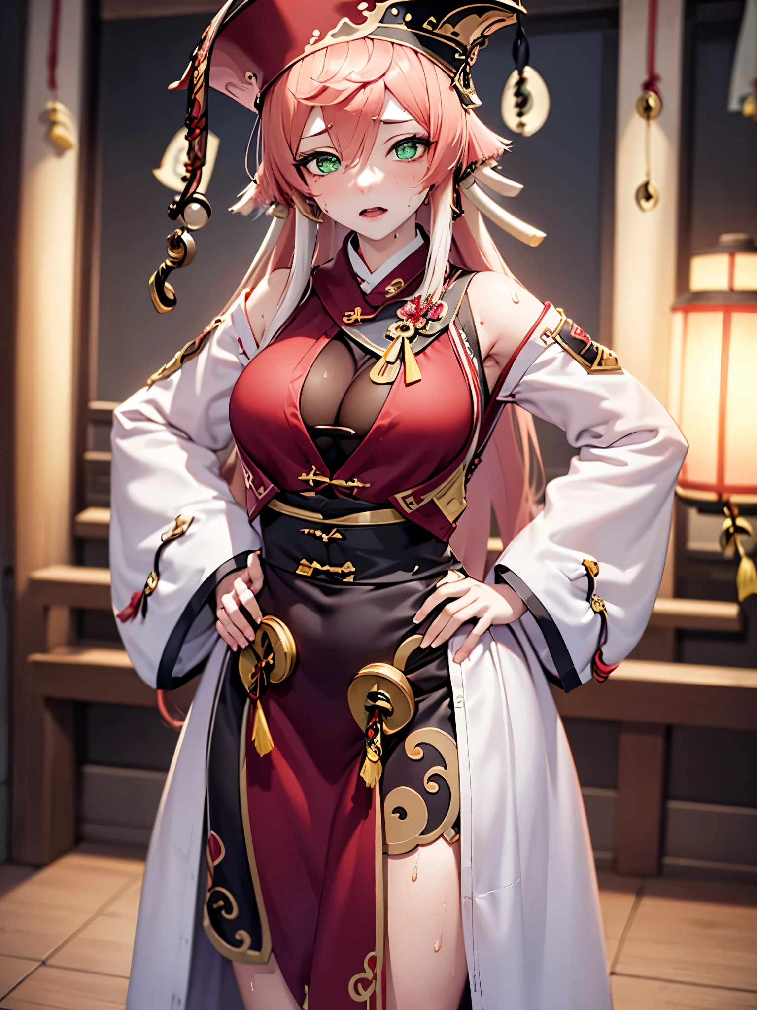 UHD, ccurate, masterpiece, anatomically correct, textured skin, super detail, best quality, 16k, 1080P,SOLO,(1 Female,huge oppai, pink long hair,green eyes,Pink Kirin horn),(wearing A Red and black Taoist Robe :1.7),(Taoist Headwear:1.7),(Taoist Hat:1.9),(Standing position:1.7)(The Chinese Classic Bedroom),(sweating skin:1.7),(hands behind her Back:1.7)