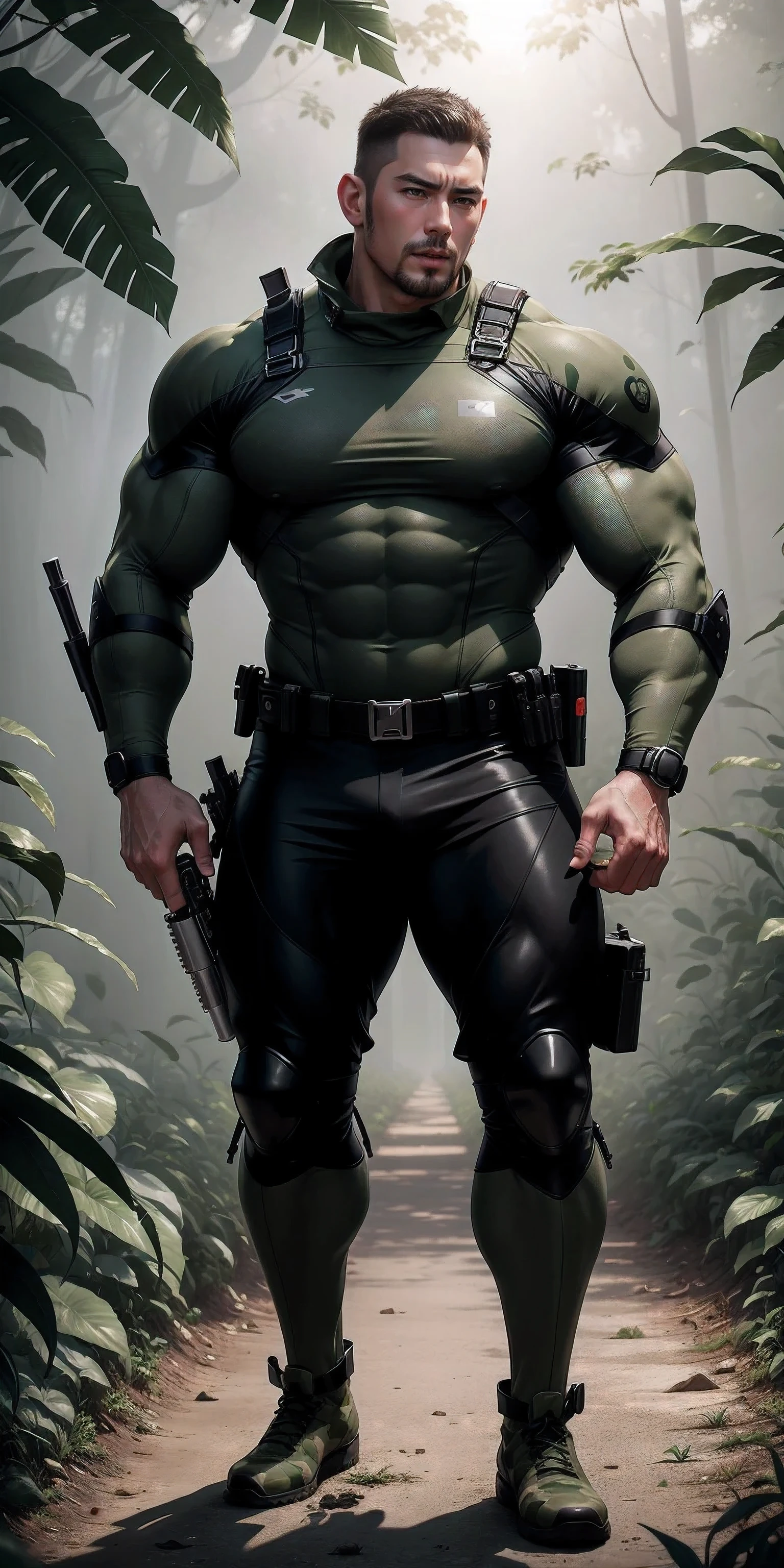 High, huge, muscular police officer with his mouth open and screaming..，Light khaki camouflage uniform，character idea（Resident Evil - chris redfield，chris redfield）senior police officer，Wearing a light khaki camouflage diving suit，Matte texture，regular symmetrical texture pattern，Standing in the dark sugar cane jungle, The body is wrapped in thick rattan，sad expression，Deep and charming eyes，Emerald Pupil Hero，heroic male pose，高大burly，muscular！Charming leg muscles，High, burly, Heqiang， Wearing a khaki camouflage wetsuit， Super gain and cool， high resolution committee， Big feet in black boots，Charming strong man，The bright sunshine is shining on you，matte particles，shiny texture