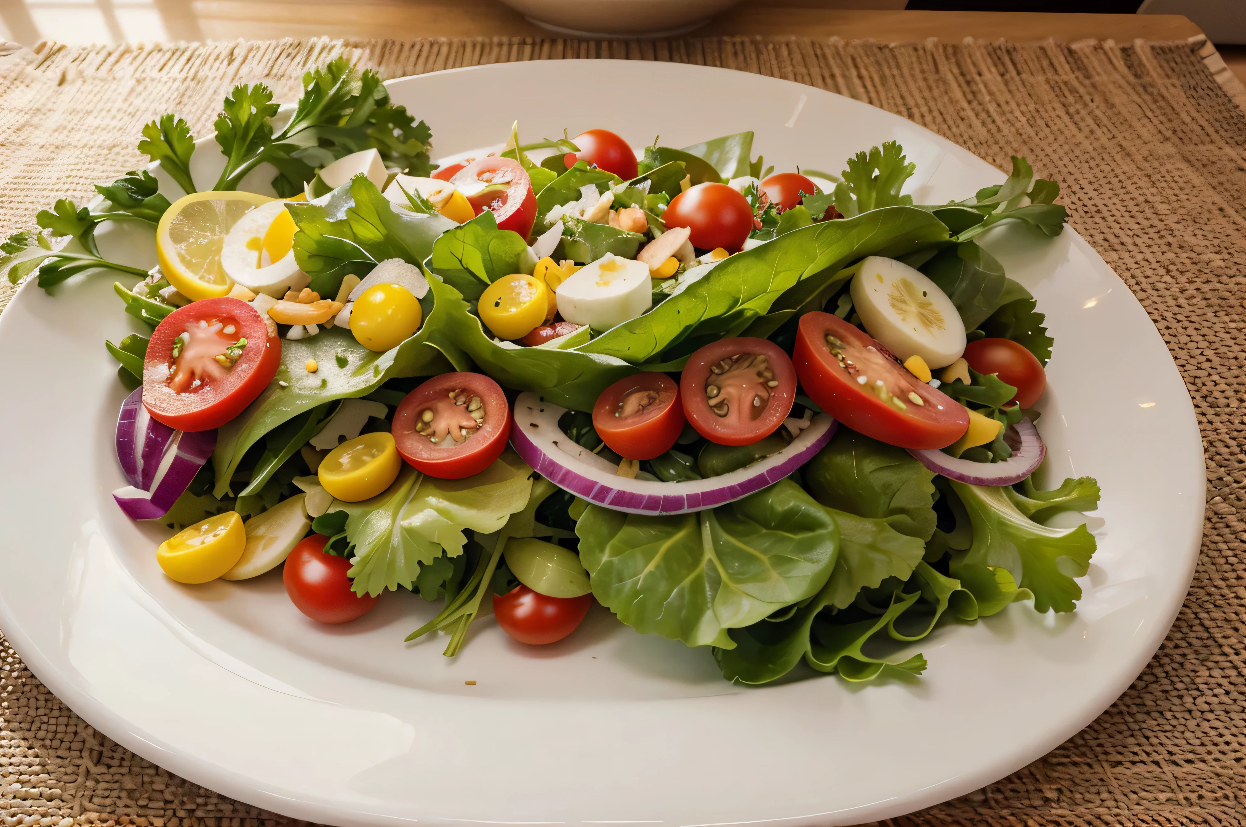 Gerar um, imagem de alta qualidade de um prato de salada visto de cima, com um estilo visual otimizado para publicidade. A imagem deve destacar a frescura e variedade dos ingredientes. include an attractive composition, with vibrant colors and lighting that highlights the details of the dish. The image must be appetizing and inviting to be used in advertising healthy foods. Include a variety of fresh vegetables and other healthy ingredients., cinematographic, foto