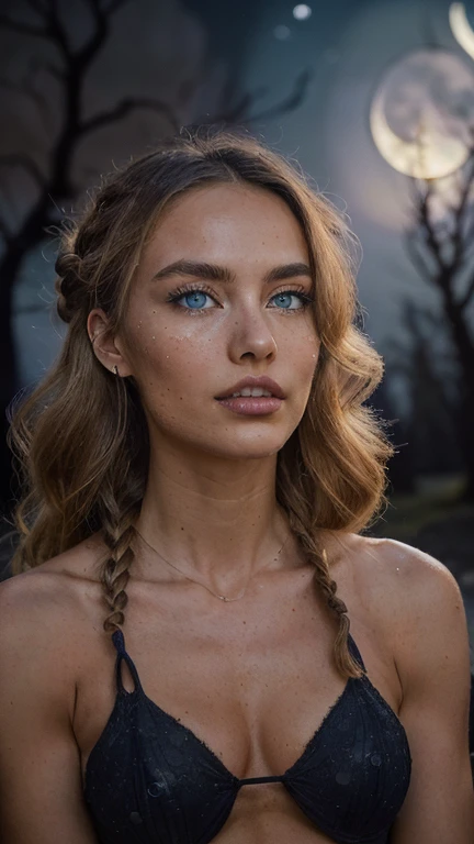 RAW, simulation, Nikon Z 14mm ultra wide angle lens, award-winning glamor photography, ((best quality), ((masterpiece), ((realistic), skin pores, subsurface dispersion, radiant moonlight, high resolution , Detailed facial features, Super defined angelic face, Highly detailed, Sharp focus, Aesthetically pleasing, 8K, Premium quality, Intricate details, Ultra detail, Ultra high resolution, Masterpiece, Random angle, Slender, Smile, (Makeup: 0.4 ), (Fluffy blue eyes: 1.21), Blue eyes, 1 woman, alone, ((full body)), outside on the hill, ((sitting on a rock brushing her hair)), ((at night looking at the moon)), semi dark background in the field, high depth of field, ((highly detailed)), (((fit body))), (((thin face)) ), sharp face, sharp teeth, detailed mouth , sharp eyes, (((wavy hair, beautiful long hair, )), ((brushing her hair, weaving a braid)), (defined detailed face), sharp face, small lips, thin lips, (( sexy dress with low neckline open that enhances her beautiful body )), Detailed face, Detailed chest, medium bust, Detail, Beautiful girl with accentuated slim abs: 1.4, Flat abs: 1.4, Detailed legs, ((lit by Moonlight )), appears in the field