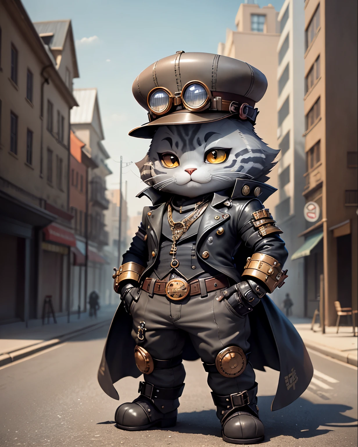 c4tt4stic, gray british short hair cat wearing steampunk armor, wearing steampunk hat. standing, stunning style. background steampunk city.