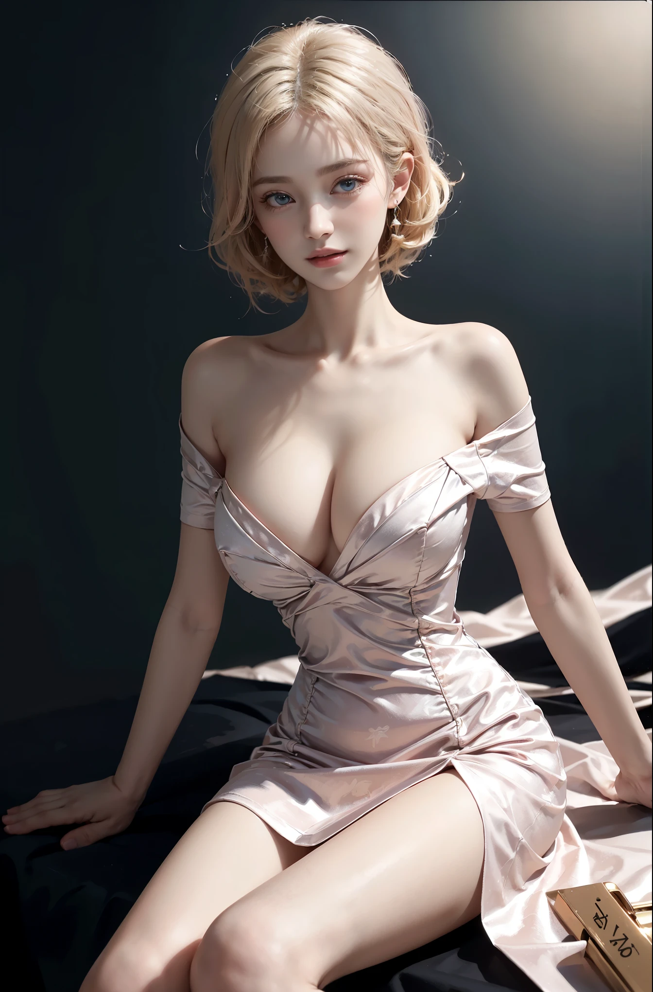 short sleeves,off shoulder, dress, (knee shot), (Surrealism), (illustration), (Resolution enhancement), (8k), (Very detailed), (Best illustration), (beautiful and delicate eyes), (best quality), (super detailed), (masterpiece ), ( wallpaper), (Detailed face),one blonde, curls,(High top fade in and out:1.3), (Smile brightly, bright look), dark theme, soothing tone, pastel colors, high contrast, (natural skin texture, Surrealism主义, soft light, impatient),exposure blending, medium shot, Bokeh, (human development report:1.4), high contrast, (Movie, teal and orange:0.85), (pastel colors, fade, soothing tone:1.3), high saturation, (super detailed:1.2),(big breasts :1.2)