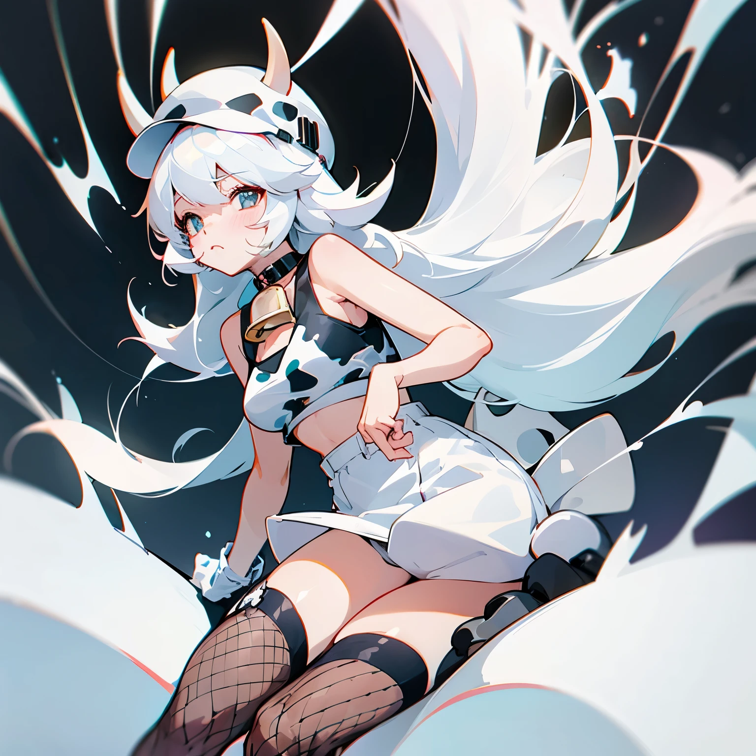 solo short kemono girl long white hair have white small cat ear wear a small white bucket hat wear 
black underwear wear cow bell on neck wear cow pattern tank top wear fishnet stockings wear cow print knee socks cover fishnet stockings
