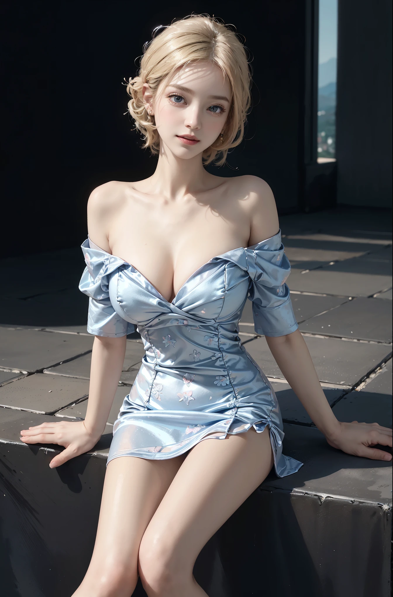 short sleeves,off shoulder, dress, (knee shot), (Surrealism), (illustration), (Resolution enhancement), (8k), (Very detailed), (Best illustration), (beautiful and delicate eyes), (best quality), (super detailed), (masterpiece ), ( wallpaper), (Detailed face),one blonde, curls,(High top fade in and out:1.3), (Smile brightly, bright look), dark theme, soothing tone, pastel colors, high contrast, (natural skin texture, Surrealism主义, soft light, impatient),exposure blending, medium shot, Bokeh, (human development report:1.4), high contrast, (Movie, teal and orange:0.85), (pastel colors, fade, soothing tone:1.3), high saturation, (super detailed:1.2),(big breasts :1.2)