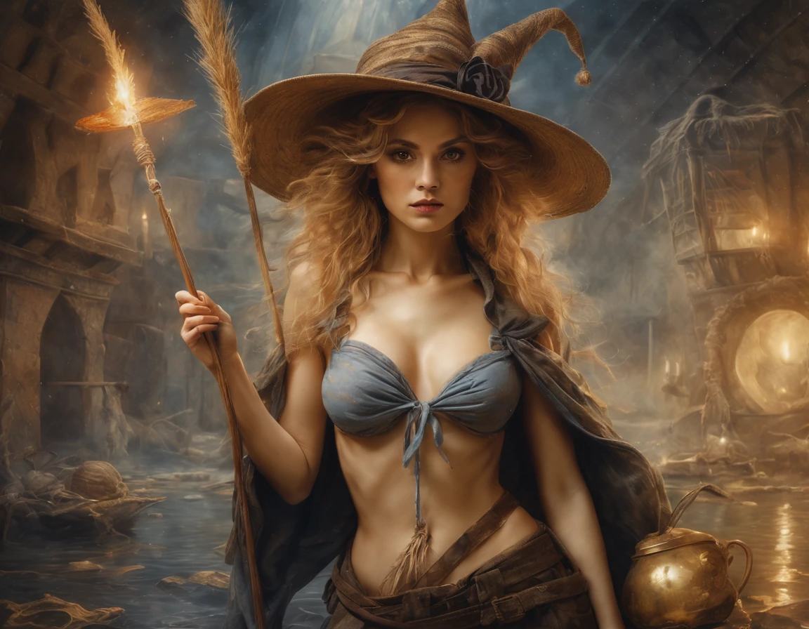 Hyper realism Post-Impressionism and Nude genre fusion of the styles of Luis Royo and Richard Kern, a surrealist theme embodying the mysterious magical nature of the female nature. Svetlana Maltseva as Hermione Granger, with broom and hat, dressed in tattoos and patchwork, revealing a sensual sexual aura, surrounded by mysterious artifacts, the composition thriving in the surrounding shadows and atmospheric, dramatic luminosity akin to a matte painting poster, aligned with a golden ratio, filled with detail rivaling the octane rendering envisioned in 8K resolution, photorealistic conceptual art bathed in soft, underwater, photorealism, soft volumetric lighting