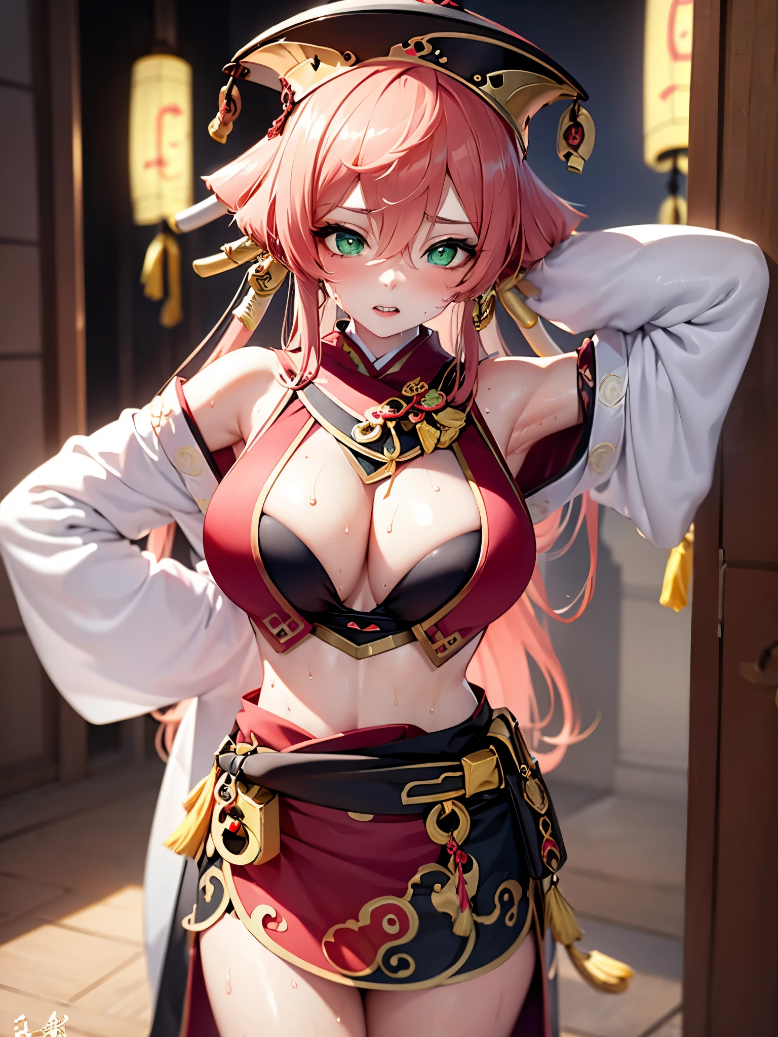 UHD, ccurate, masterpiece, anatomically correct, textured skin, super detail, best quality, 16k, 1080P,SOLO,(1 Female,huge oppai, pink long hair,green eyes,Pink Kirin horn),(wearing A Red and black Taoist Robe :1.7),(Taoist Headwear:1.7),(Taoist Hat:1.9),(Standing position:1.7)(The Chinese Classic Bedroom),(sweating skin:1.7),(hands behind her head:1.7)