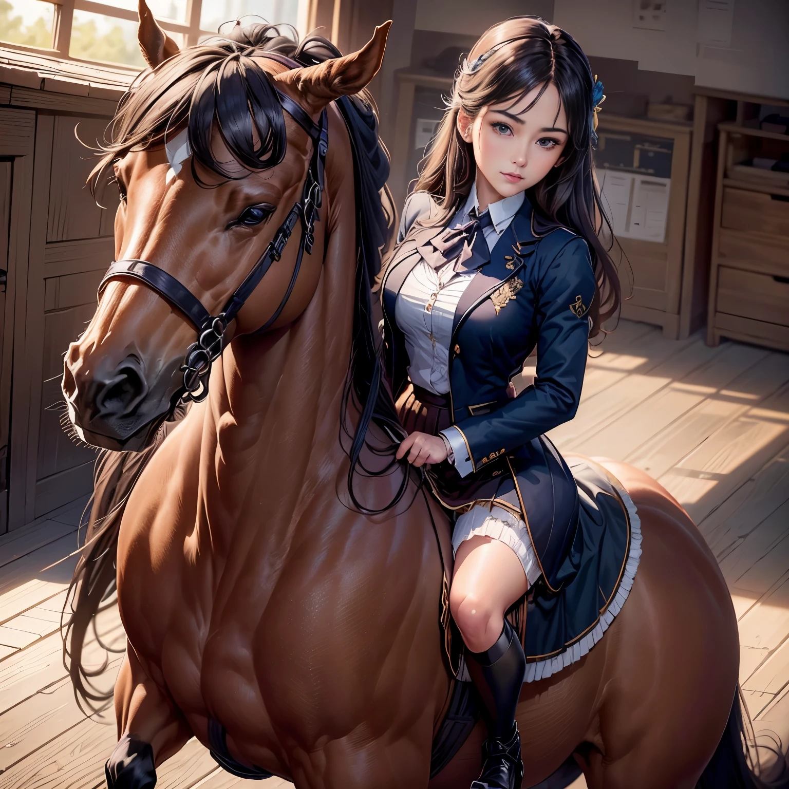 retina, table top, Accurate, ((anatomically correct)), rough skin, Super detailed, advanced details, high quality, award-winning, 最high quality, High resolution, 8K,British equestrian of female aristocracy、dynamism,powerful,(Overcoming obstacles on horseback),a classy woman,Beauty aristocracy,Equestrian School Uniforms,cute,Students and Female Teachers、Riding a horse with the reins in your hands、Feeling of sprinting、Running horses,(Horseback riding exercises),detailed face、Horse riding practice,Field Stadium、Diagram viewed diagonally from above、