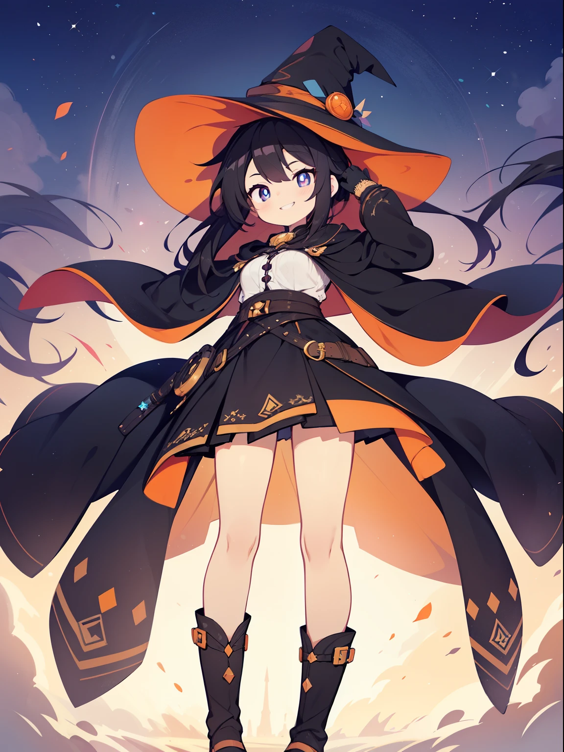 (Wizard Girl:1.2), (1 person:1.2),(10 year old girl)、young girl、big breasts、 nffsw、shader、highly detailed eyes、witch's clothes(witch hat、Orange sweater、black mini skirt、black cloak)、long hair、orange hair、silky hair、ultra-intricate pupil in eyes、highest quality、bright colors、Bust 100、Standing picture of the game、Stirring composition、Composition looking up from below、Put one foot forward、Show the soles of your feet、Pose that emphasizes the chest、rub your chest、black shiny gloves、grinning expression、eyes half closed、open your mouth、fold your hands behind your back、Hide your hands、evil smile、whole body、beautiful