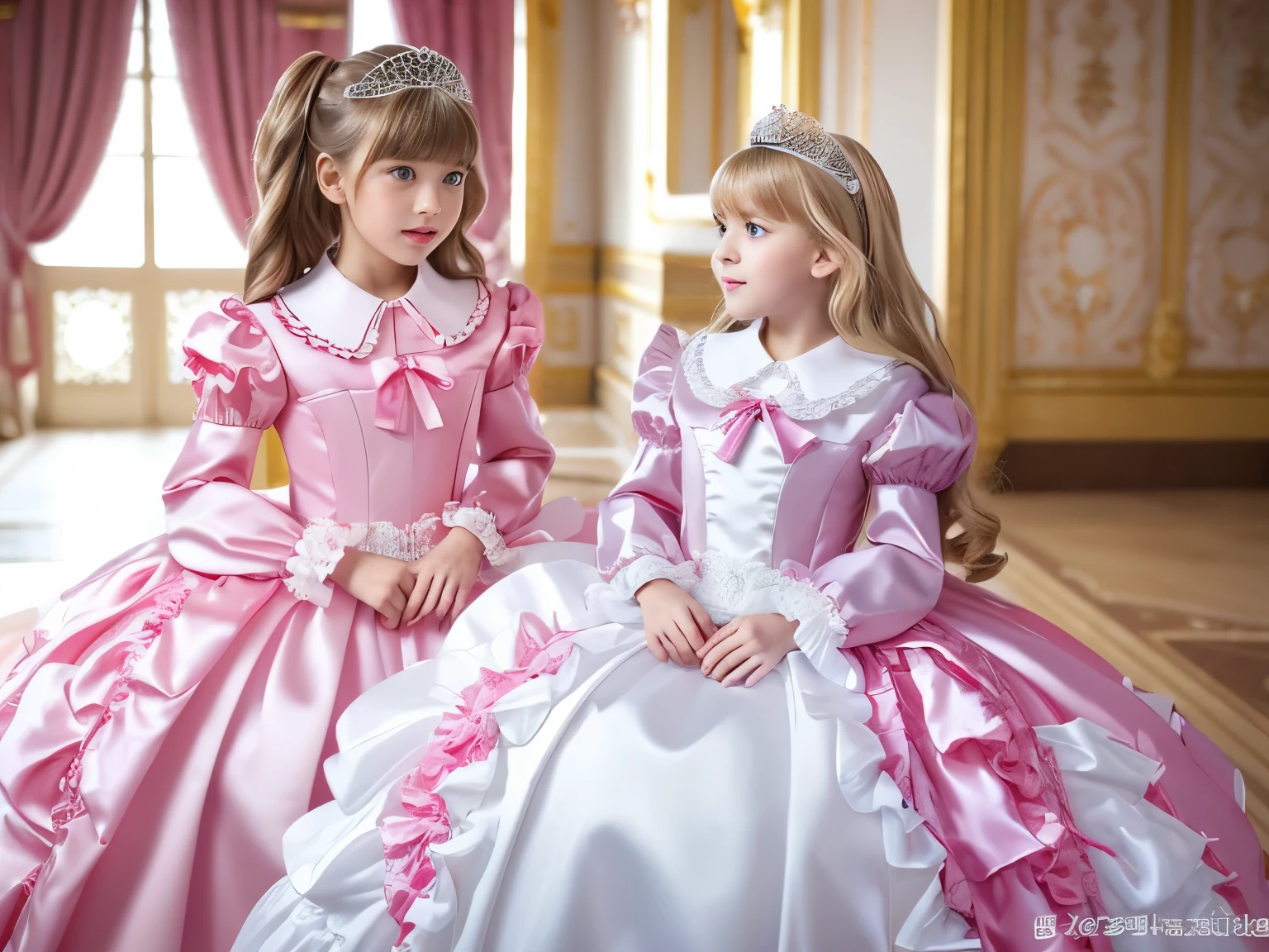 ,highest quality, masterpiece, highest resolution, artwork, super それにget used to it, many get used to it, get used to it, それにget used to it, 3K realistic photos,,((10 year old s)),Super detailed baby face,They're both princesses,Full length ball gown dress with hoop skirt,ruffled yoke collar,puff sleeves,long sleeve,((Lolita stylt pink detailed princess satin dress、Comes with lots of frills and ribbons。)),roco colorita fashion,shiny satin dress,Soft and smooth fabric,luxury,long blonde hair,blue eyes,white skin european,pajamas,((inside the palace)),