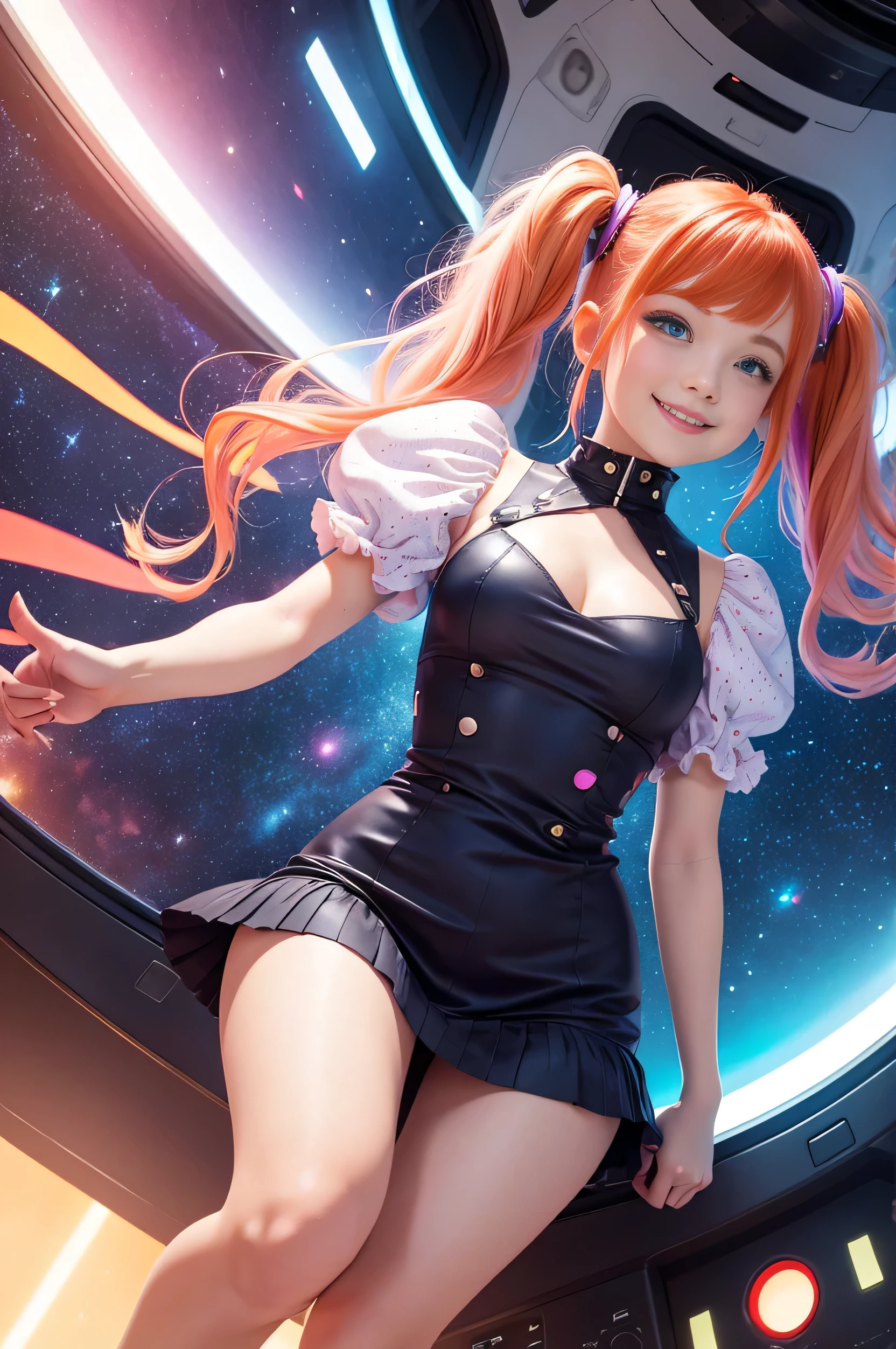 (overhead view) Cute redhead with rainbow colored hair tips, ribbons in her hair, 18-year-old woman, happy, smiling, in twin tails, perfect eyes, clear sparkling blue eyes, pale skin, silky smooth skin, flying a fancy metal luxurious space ship, futuristic cockpit, she's a pilot, outer space seen in windows, dark warm lighting, wearing a futuristic party dress, pleated (chemise) mini dress (pastel rainbow colors, and polka dots), puffy sleeves, silk, pantyhose, cute short cut booties, boots.