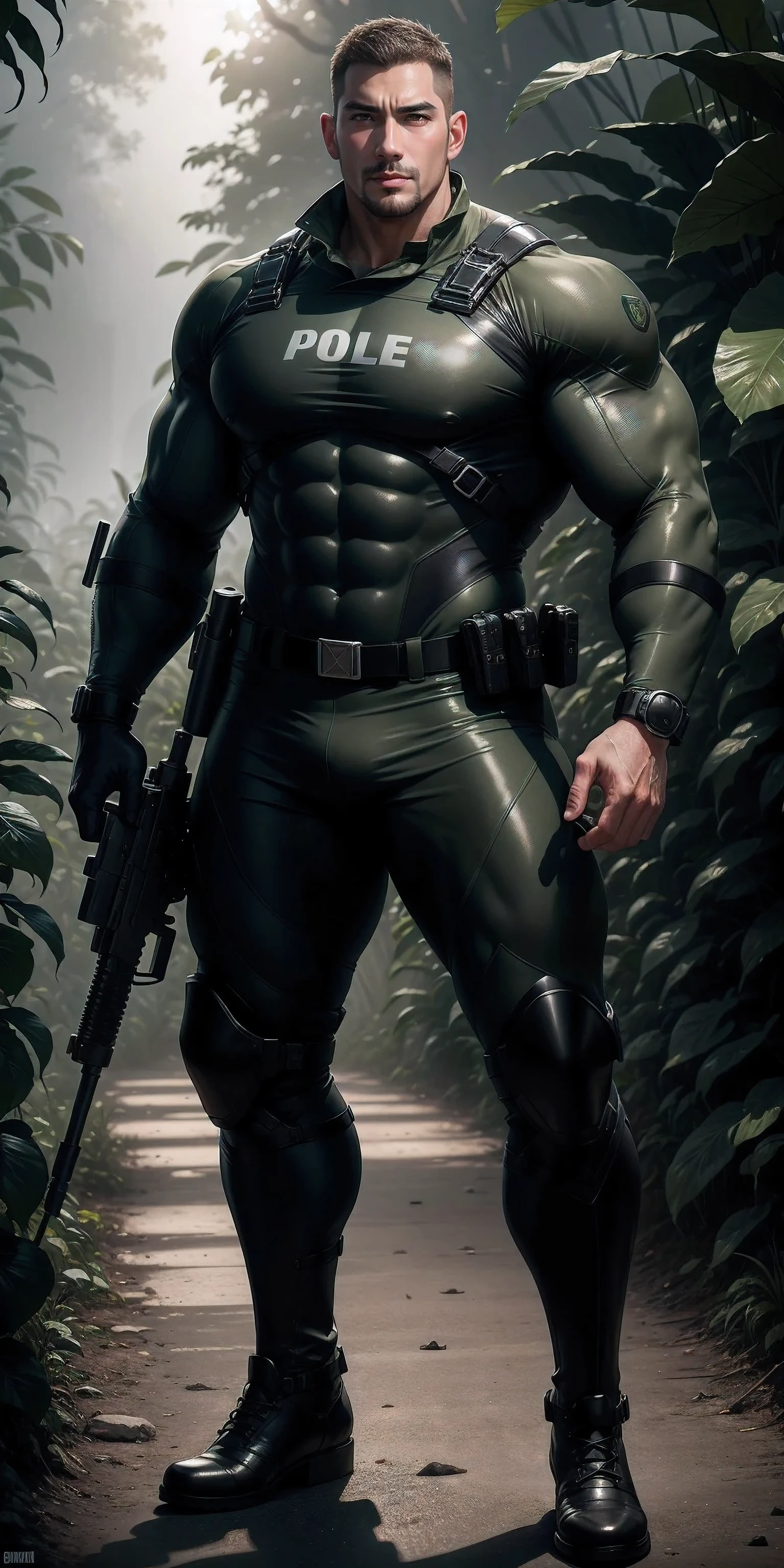 High, huge, muscular police officer with his mouth open and screaming..,Light khaki camouflage uniform,character idea(Resident Evil - chris redfield,chris redfield)senior police officer,Wearing a light khaki camouflage diving suit,Matte texture,regular symmetrical texture pattern,Standing in the dark sugar cane jungle, The body is wrapped in thick rattan,sad expression,Deep and charming eyes,Emerald Pupil Hero,heroic male pose,高大burly,muscular!Charming leg muscles,High, burly, Heqiang, Wearing a khaki camouflage wetsuit, Super gain and cool, high resolution committee, Big feet in black boots,Charming strong man,The bright sunshine is shining on you,matte particles,shiny texture