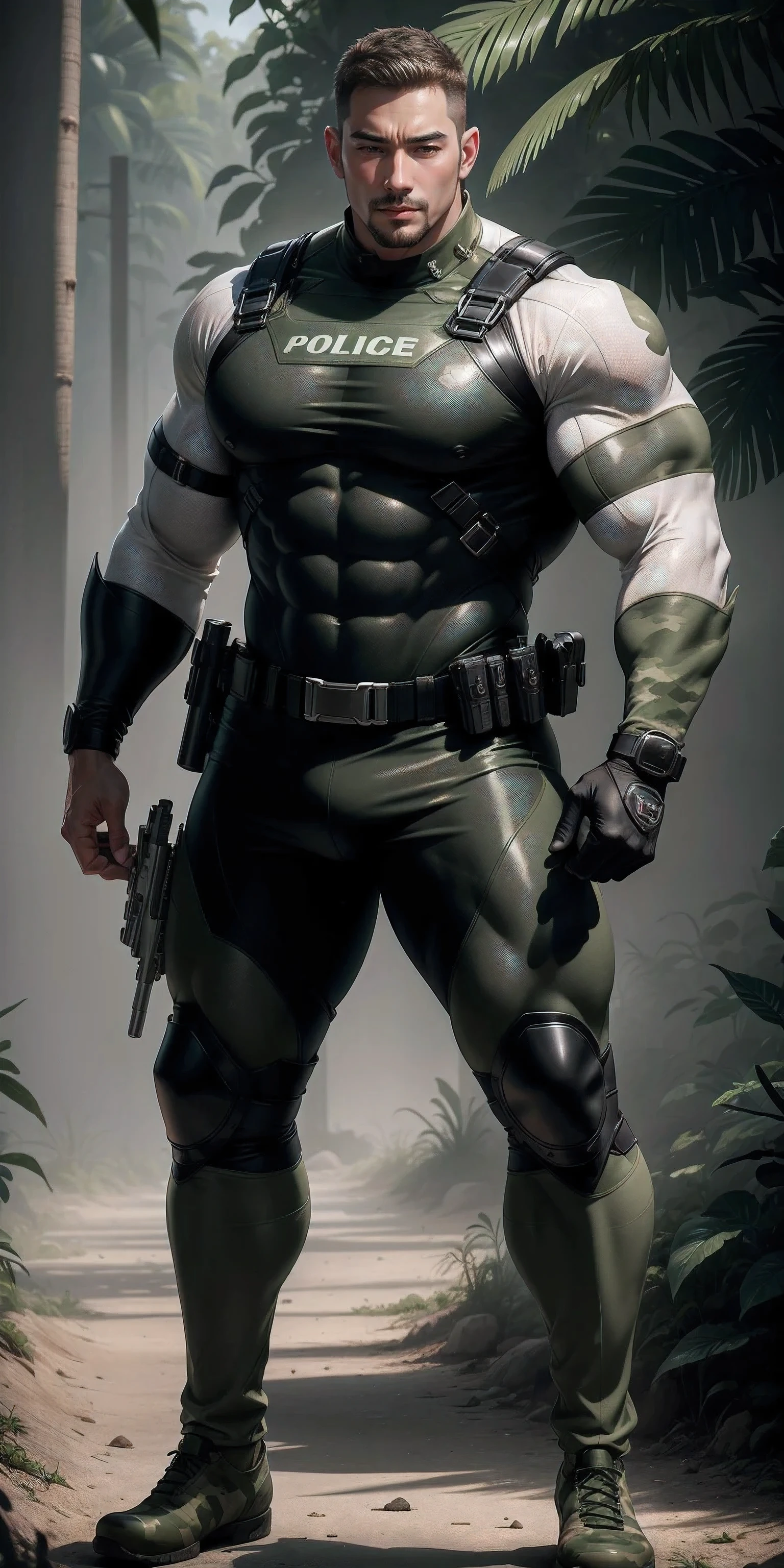 High, huge, muscular police officer with his mouth open and screaming..,Light khaki camouflage uniform,character idea(Resident Evil - chris redfield,chris redfield)senior police officer,Wearing a light khaki camouflage diving suit,Matte texture,regular symmetrical texture pattern,Standing in the dark sugar cane jungle, The body is wrapped in thick rattan,sad expression,Deep and charming eyes,Emerald Pupil Hero,heroic male pose,高大burly,muscular!Charming leg muscles,High, burly, Heqiang, Wearing a khaki camouflage wetsuit, Super gain and cool, high resolution committee, Big feet in black boots,Charming strong man,The bright sunshine is shining on you,matte particles,shiny texture