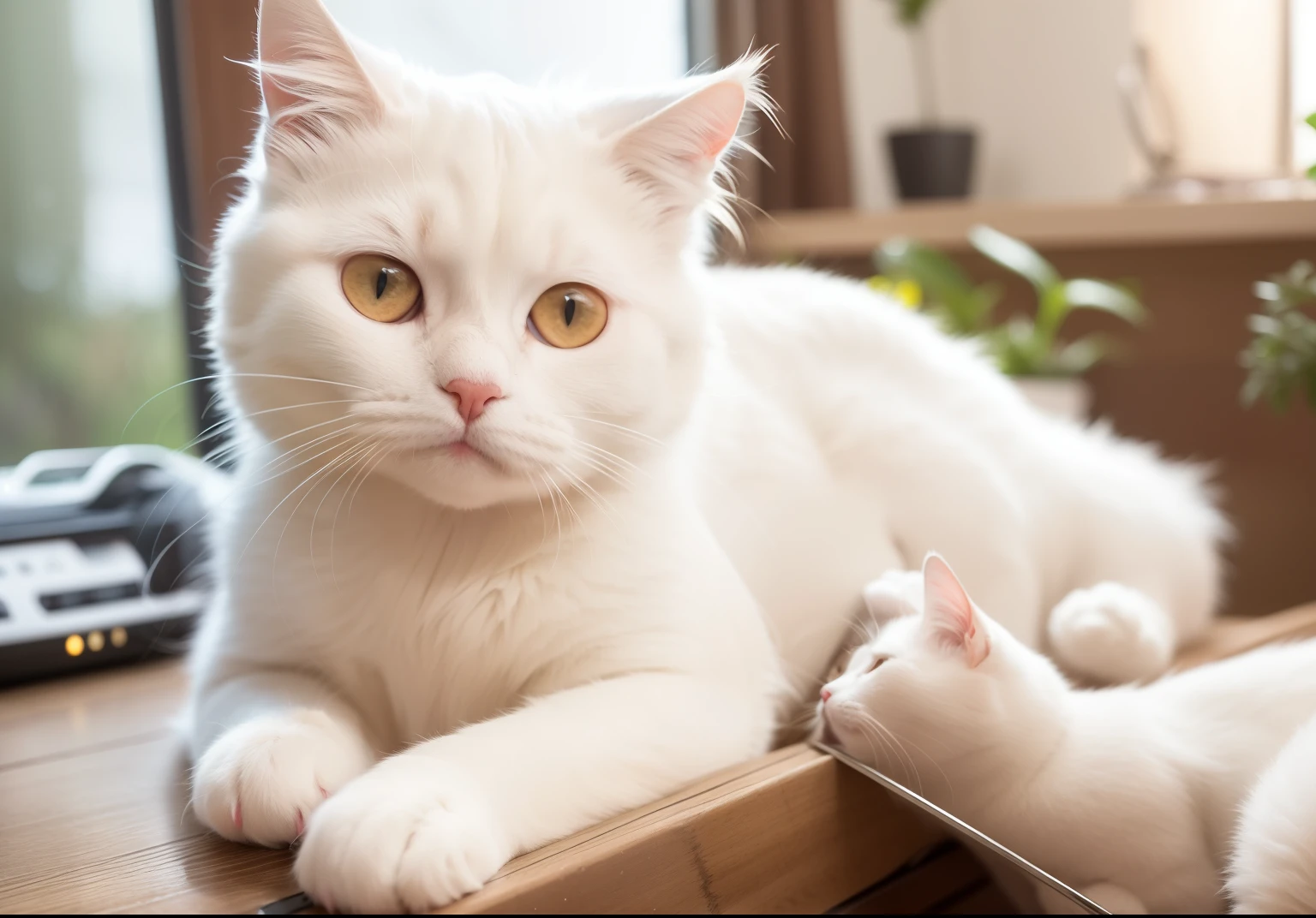 there is a white Cat sitting on a desk with a computer, white ( Cat ) girl, white Cat, 苏格兰折耳Cat, Soft but grumpy, persian Cat, a cute Cat, Cattie - brie of mithril hall, exotic shorthair Cat, Sofia Emerenko, persian queen, cute Cat, gorgeous lady, the Cat is fluffy, beautiful Cat