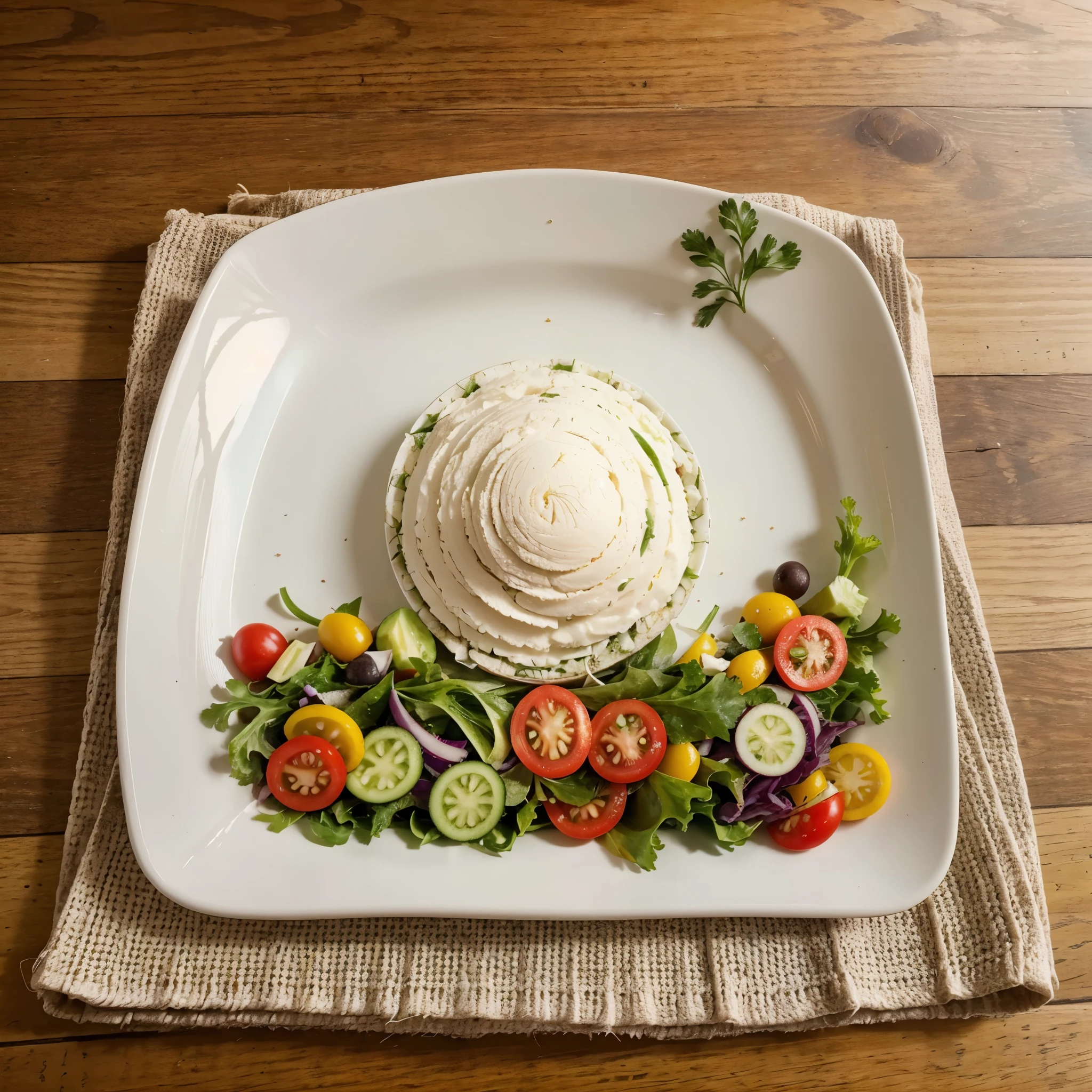 Generate a realistic, high-quality image of a salad plate from above, with a visual style optimized for advertising. The image should highlight the freshness and variety of ingredients. include an attractive composition, with vibrant colors and lighting that highlights the details of the dish. The image must be appetizing and inviting to be used for advertising healthy foods. Include a variety of fresh vegetables and other healthy ingredients., cinematic, photo