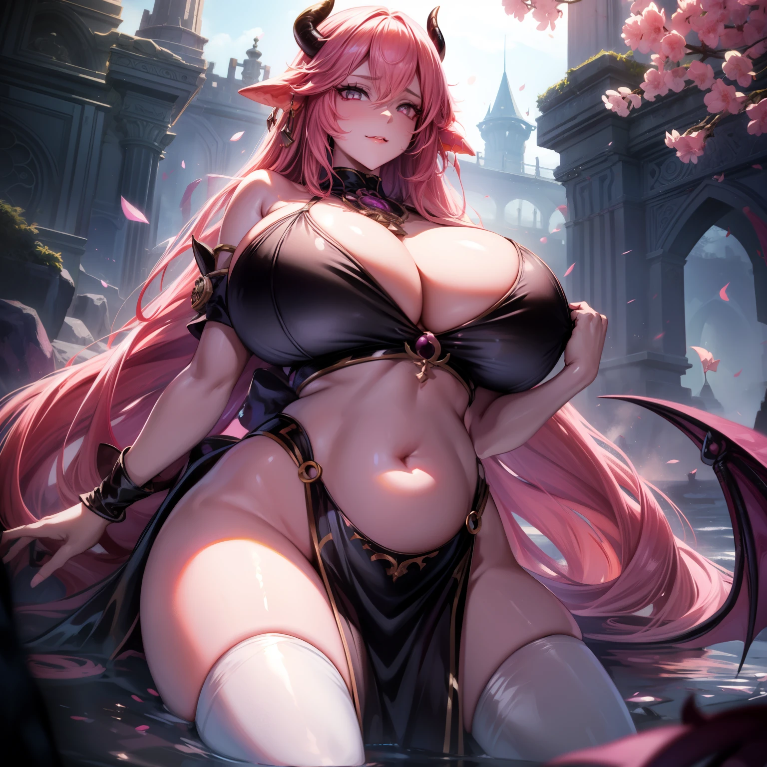 A female demon milf with black demon horn with wet dress, transparent dress getting wet, visible belly button, visible belly, ((demon horn)), extremely long pink rapunzel hair, ((Rapunzel pink hair)), white eyes of the devil., ((white eyes)), voluminous body with huge breasts and bust, ((huge breast and bust)), Magnificent beautiful bright cathedral, wicked and empty look, no shine in the eyes, looking at the viewer, prominently on your legs and breasts;, highlighting breasts and hair, sexy pose, sexualized pose, realistic breast grip, sysie high definition details, photography, insight, Unique 850 4, Koda850 k portrait camera, Spring F1.6 , rich colors, super realistic texture, spectacular light texture, surreal art, Cinestil 800 fashion mechanism