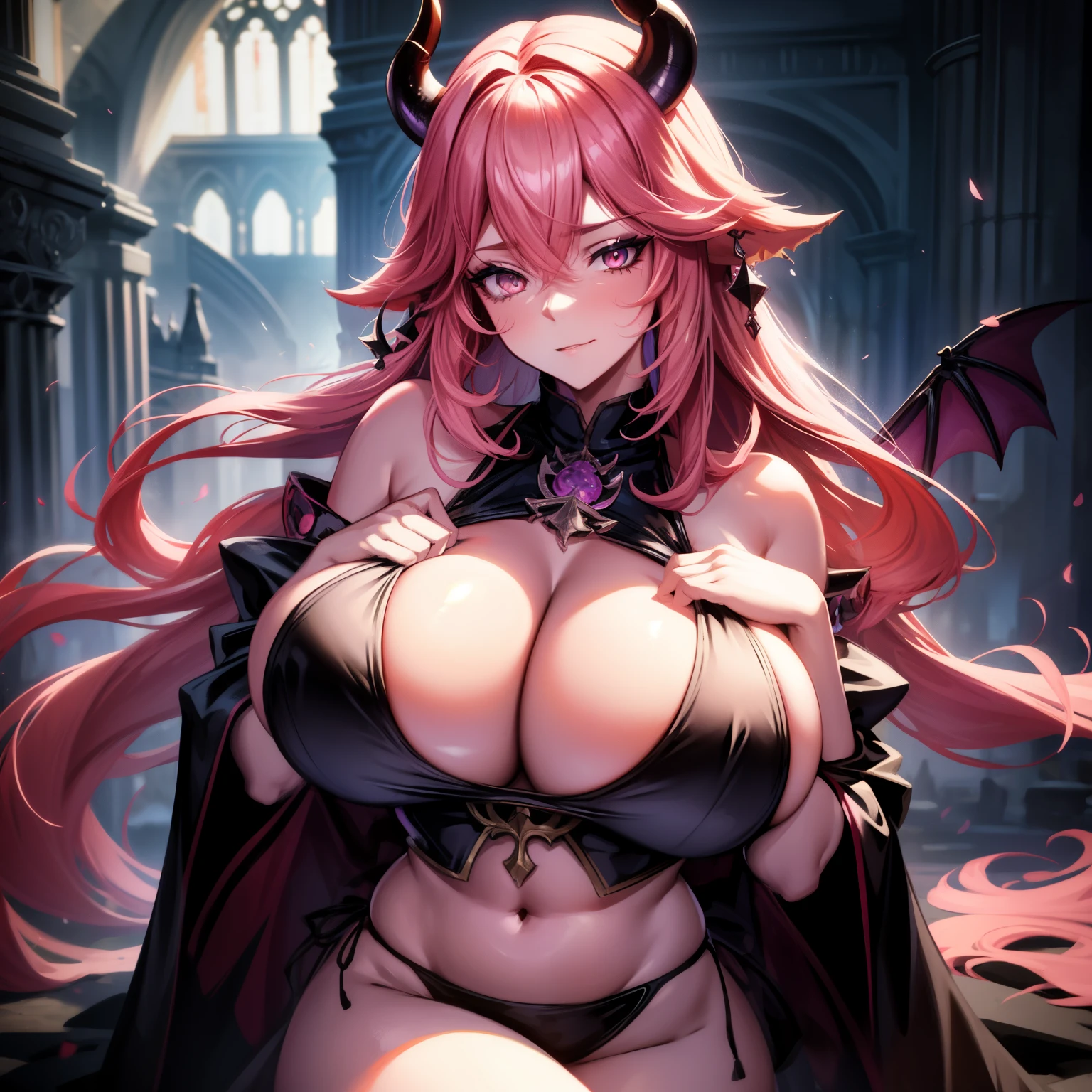 A female demon milf with black demon horn with wet dress,  getting wet, visible belly button, visible belly, ((demon horn)), extremely long pink rapunzel hair, ((Rapunzel pink hair)), white eyes of the devil., ((white eyes)), voluminous body with  and bust, (( and bust)), Magnificent beautiful bright cathedral, wicked and empty look, no shine in the eyes, looking at the viewer, prominently on your legs and ;, highlighting  and hair,  pose, sexualized pose, realistic  grip, sysie high definition details, photography, insight, Unique 850 4, Koda850 k portrait camera, Spring F1.6 , rich colors, super realistic texture, spectacular light texture, surreal art, Cinestil 800 fashion mechanism