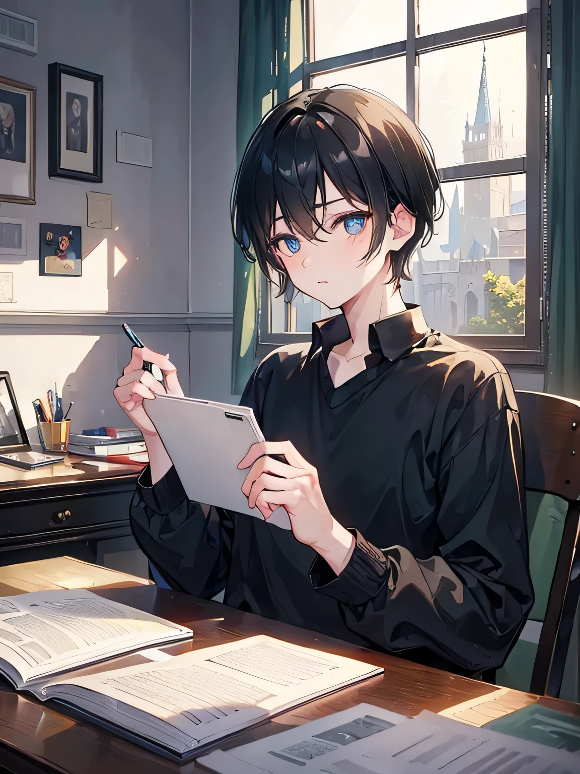 actual, (best quality, masterpiece:1.3), 1 boy,alone, read, black hair, bright pupils, short hair, comb hair back,black long sleeve shirt, study, near window, good lighting, dream world