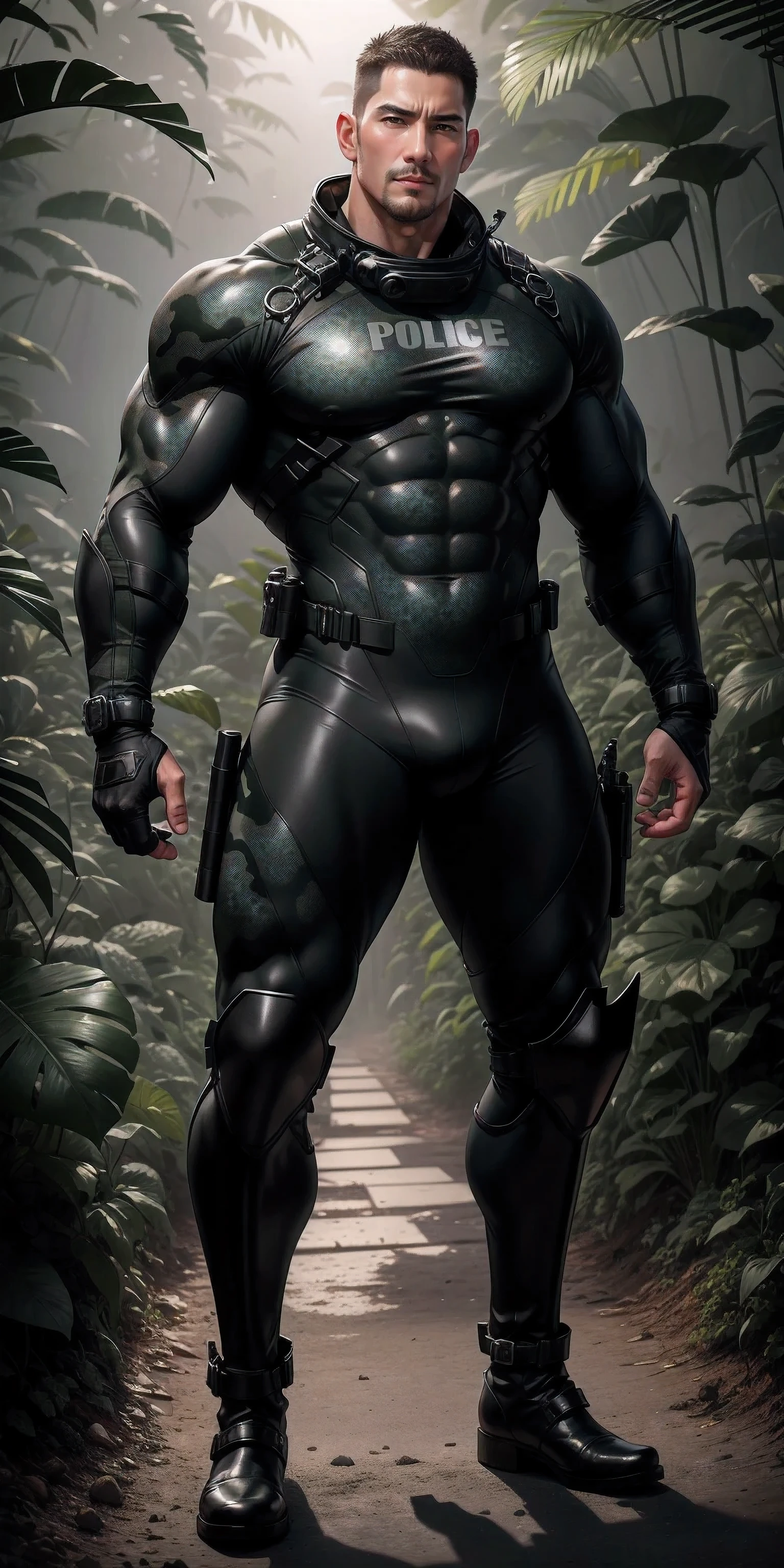 Tall giant muscular police officer.，Black and gray khaki camouflage uniform，character idea（Resident Evil - chris redfield，chris redfield）senior police officer，Wearing a black and gray khaki camouflage diving suit，Matte texture，regular symmetrical texture pattern，Standing in the dark sugar cane jungle, The body is wrapped in thick rattan，sad expression，Deep and charming eyes，Emerald Pupil Hero，heroic male pose，高大burly，muscular！Charming leg muscles，High, burly, Heqiang， Wearing a black and gray khaki camouflage diving suit， Super gain and cool， high resolution committee， Big feet in black boots，Charming strong man，The bright sunshine is shining on you，matte particles，shiny texture