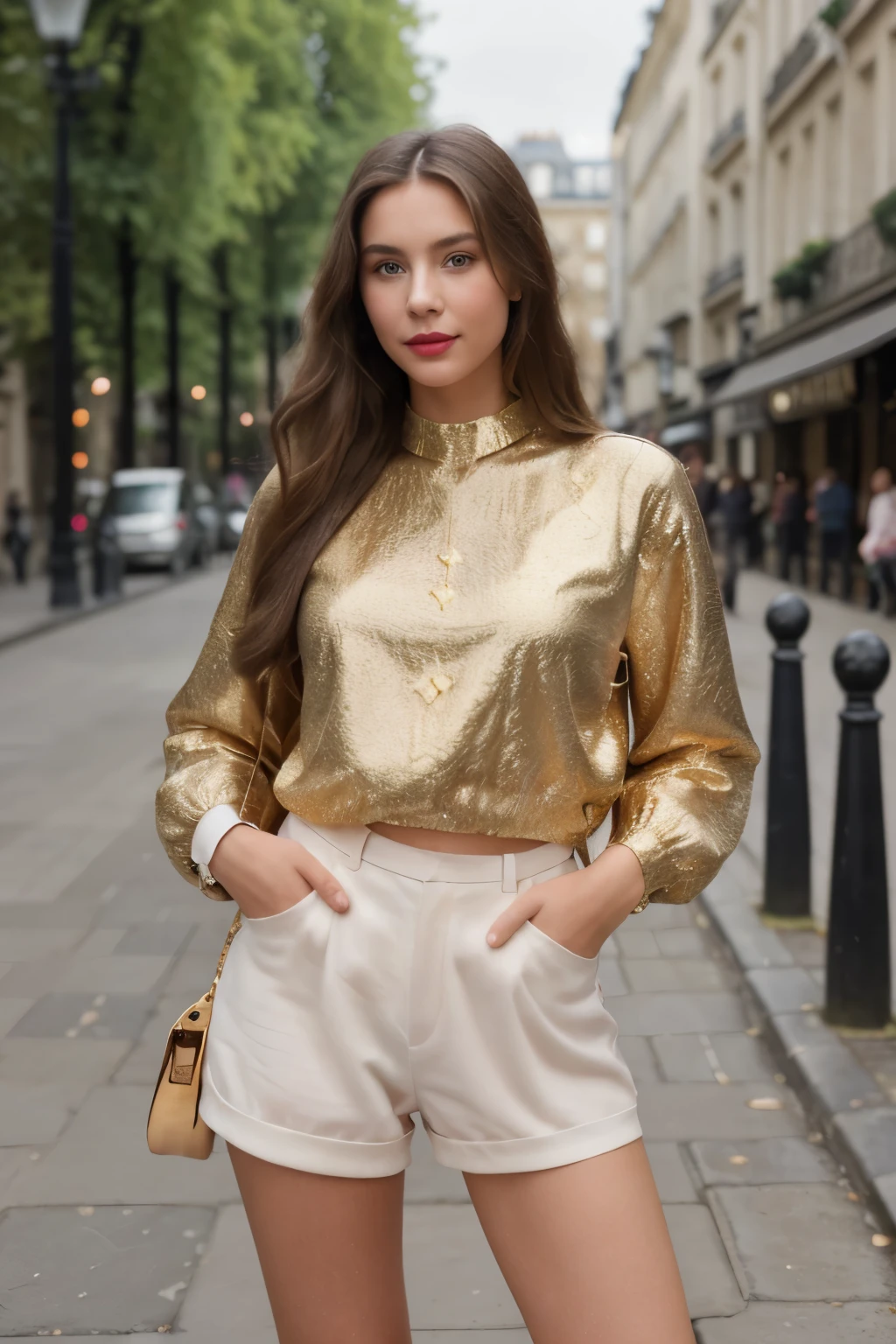 woman 21 years old, model body, attracting attention, brunette, long hair, long hair, brown eyes, delicate face, charming smile, wearing red lipstick, posing for the camera, wearing expensive jewelry, jewelry, hands behind her back, without defect, without showing hands in the photo, hands in pockets, hidden, posing elegantly, busy street, hands behind, posing for the photo, in Paris, Paris tourist spot, Louis Vuitton clothes, and elegant adidas, ( streets of paris), paris, brightly colored luxury clothes, wearing louis vuitton, preppy style, black, gold sneakers, high resolution images 8k quality, no defects, highly detailed images, real image, real life, realistic, hd, photo taken by professional camera, realistic hand without deformity