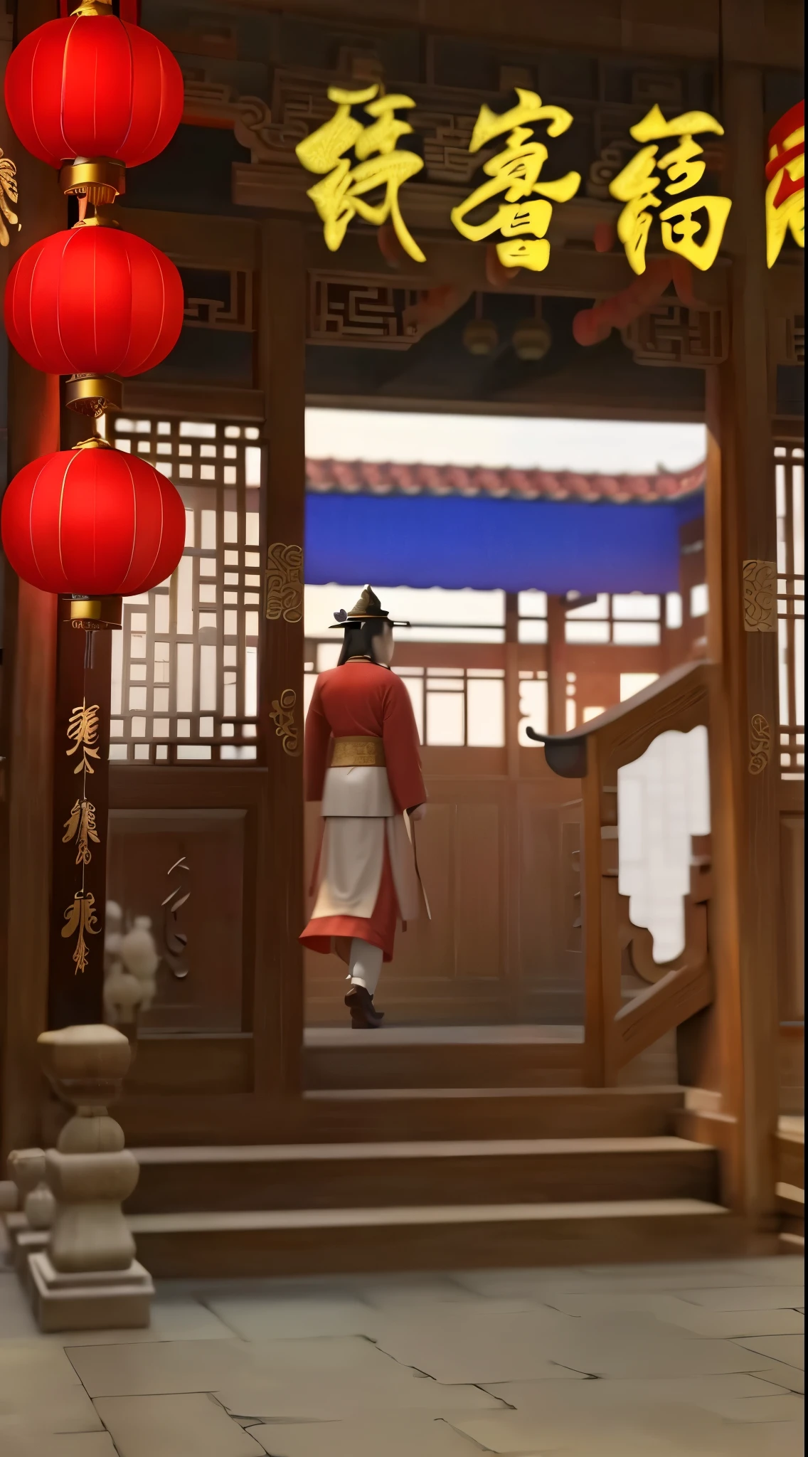 Chinese inn, ancient Chinese architecture, lanterns, open doors with wooden stairs, no people, pure scene,Beautiful rendering of the Tang Dynasty, Chinese architecture, Chinese style, Chinese architecture, traditional Chinese, ancient Chinese architecture
