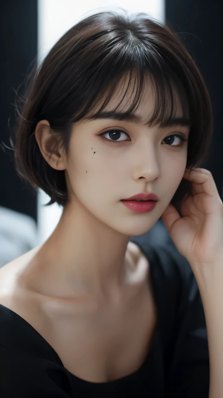 Best Quality, Masterpiece, Perfect Body Beauty, cinematic lighting, black shirt, Highly detailed face and skin texture, Detailed eyes, whitening skin, perfect face, ((huge breast)), looking at viewer, ((Dark background)), open mouse, straight Bangs, short cut hair, ((mole, make up:1.2)),
