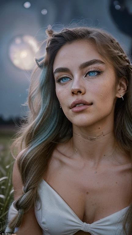 RAW, simulation, Nikon Z 14mm ultra wide angle lens, award-winning glamor photography, ((best quality), ((masterpiece), ((realistic), skin pores, subsurface dispersion, radiant moonlight, high resolution , Detailed facial features, Super defined angelic face, Highly detailed, Sharp focus, Aesthetically pleasing, 8K, Premium quality, Intricate details, Ultra detail, Ultra high resolution, Masterpiece, Random angle, Slender, Smile, (Makeup: 0.4 ), (Fluffy blue eyes: 1.21), Blue eyes, 1 woman, alone, ((full body)), outside on the hill, ((sitting on a rock brushing her hair)), ((at night looking at the moon)), semi dark background in the field, high depth of field, ((highly detailed)), (((fit body))), (((thin face)) ), sharp face, sharp teeth, detailed mouth , sharp eyes, (((wavy hair, beautiful long hair, )), ((brushing her hair, weaving a braid)), (defined detailed face), sharp face, small lips, thin lips, (( sexy dress with low neckline open that enhances her beautiful body )), Detailed face, Detailed chest, medium bust, Detail, Beautiful girl with accentuated slim abs: 1.4, Flat abs: 1.4, Detailed legs, ((lit by Moonlight )), appears in the field