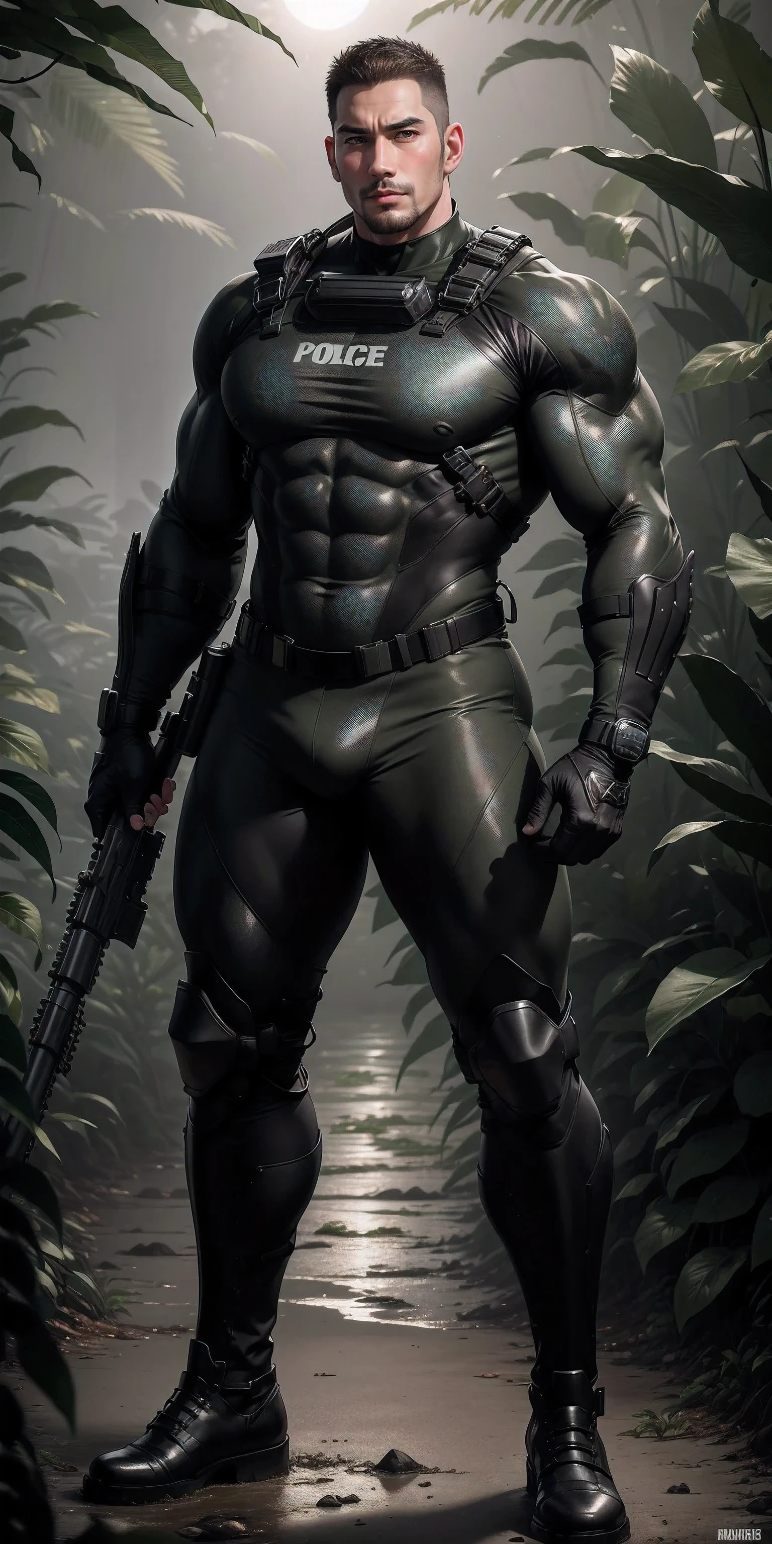 Tall giant muscular police officer.，Black and gray khaki camouflage uniform，character idea（Resident Evil - chris redfield，chris redfield）senior police officer，Wearing a black and gray khaki camouflage diving suit，Matte texture，regular symmetrical texture pattern，Standing in the dark sugar cane jungle, The body is wrapped in thick rattan，sad expression，Deep and charming eyes，Emerald Pupil Hero，heroic male pose，高大burly，muscular！Charming leg muscles，High, burly, Heqiang， Wearing a black and gray khaki camouflage diving suit， Super gain and cool， high resolution committee， Big feet in black boots，Charming strong man，The bright sunshine is shining on you，matte particles，shiny texture