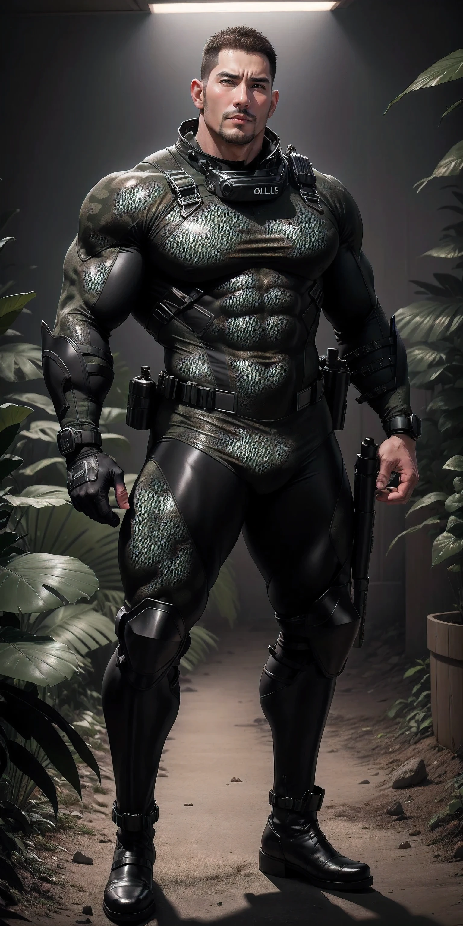 Tall giant muscular police officer.，Black and gray khaki camouflage uniform，character idea（Resident Evil - chris redfield，chris redfield）senior police officer，Wearing a black and gray khaki camouflage diving suit，Matte texture，regular symmetrical texture pattern，Standing in the dark sugar cane jungle, The body is wrapped in thick rattan，sad expression，Deep and charming eyes，Emerald Pupil Hero，heroic male pose，高大burly，muscular！Charming leg muscles，High, burly, Heqiang， Wearing a black and gray khaki camouflage diving suit， Super gain and cool， high resolution committee， Big feet in black boots，Charming strong man，The bright sunshine is shining on you，matte particles，shiny texture