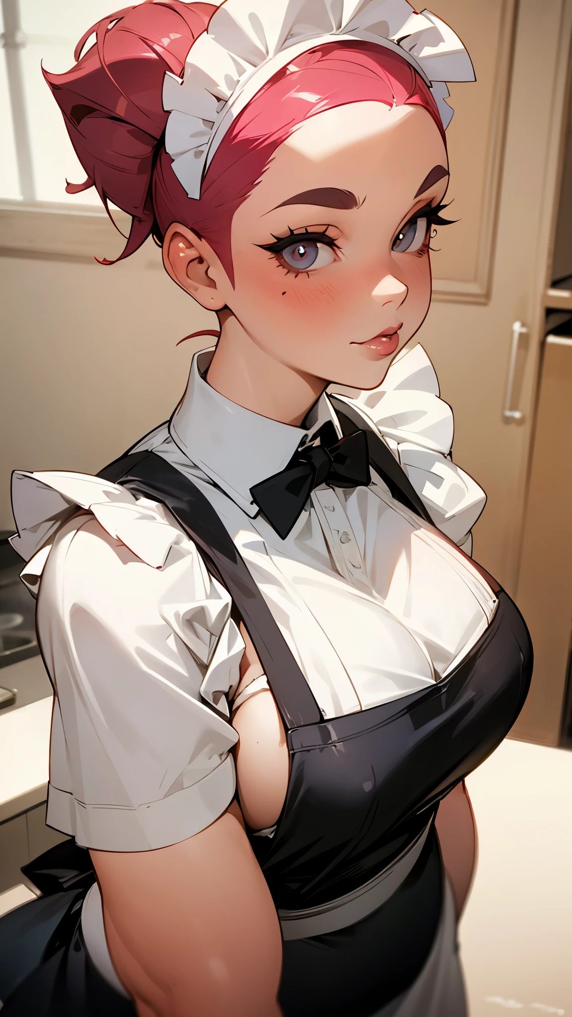 Close-up portrait of naughty maid, undercut hair, apron, amazing body, Distinctive female features, plump, kitchen, [ash blonde | ginger pubic hair | pink hair], Flirting with the camera