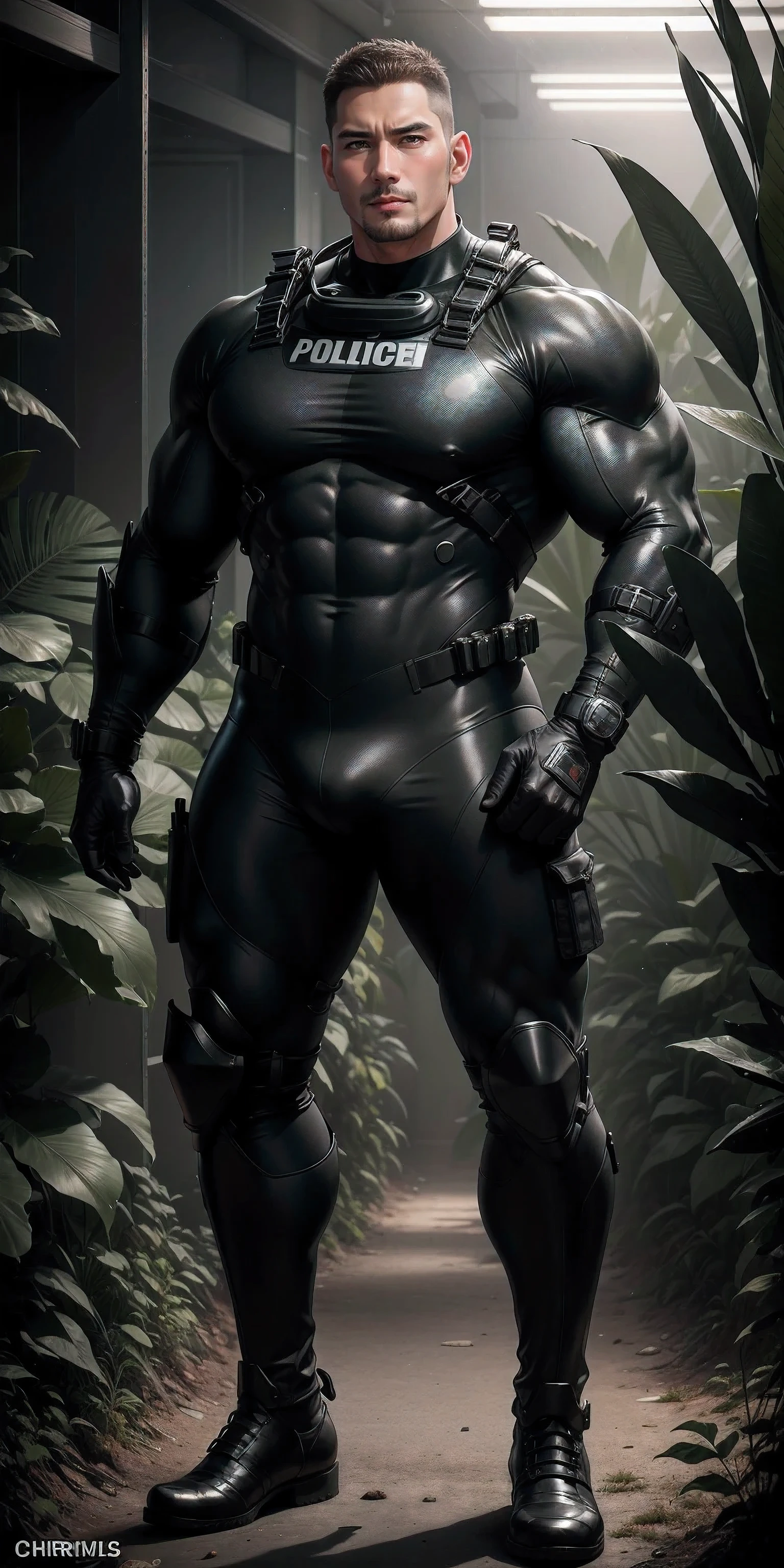 Tall giant muscular police officer.，Black and gray khaki camouflage uniform，character idea（Resident Evil - chris redfield，chris redfield）senior police officer，Wearing a black and gray khaki camouflage diving suit，Matte texture，regular symmetrical texture pattern，Standing in the dark sugar cane jungle, The body is wrapped in thick rattan，sad expression，Deep and charming eyes，Emerald Pupil Hero，heroic male pose，高大burly，muscular！Charming leg muscles，High, burly, Heqiang， Wearing a black and gray khaki camouflage diving suit， Super gain and cool， high resolution committee， Big feet in black boots，Charming strong man，The bright sunshine is shining on you，matte particles，shiny texture