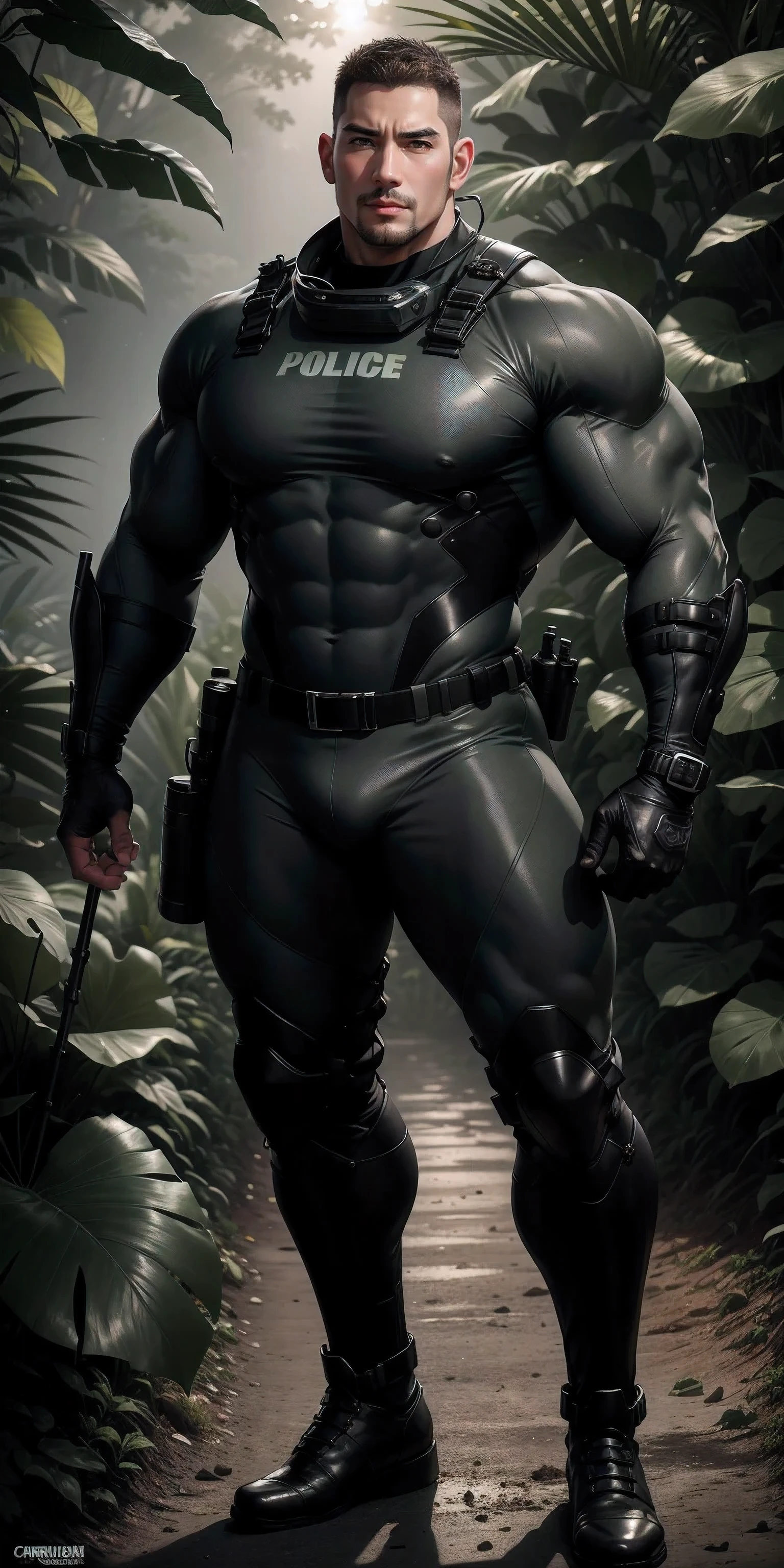 Tall giant muscular police officer.，Gray and black khaki camouflage uniform，character idea（Resident Evil - chris redfield，chris redfield）senior police officer，Wearing a gray and black khaki camouflage diving suit，Matte texture，regular symmetrical texture pattern，Standing in the dark sugar cane jungle, The body is wrapped in thick rattan，sad expression，Deep and charming eyes，Emerald Pupil Hero，heroic male pose，高大burly，muscular！Charming leg muscles，High, burly, Heqiang， Wearing a gray and black khaki camouflage diving suit， Super gain and cool， high resolution committee， Big feet in black boots，Charming strong man，The bright sunshine is shining on you，matte particles，shiny texture