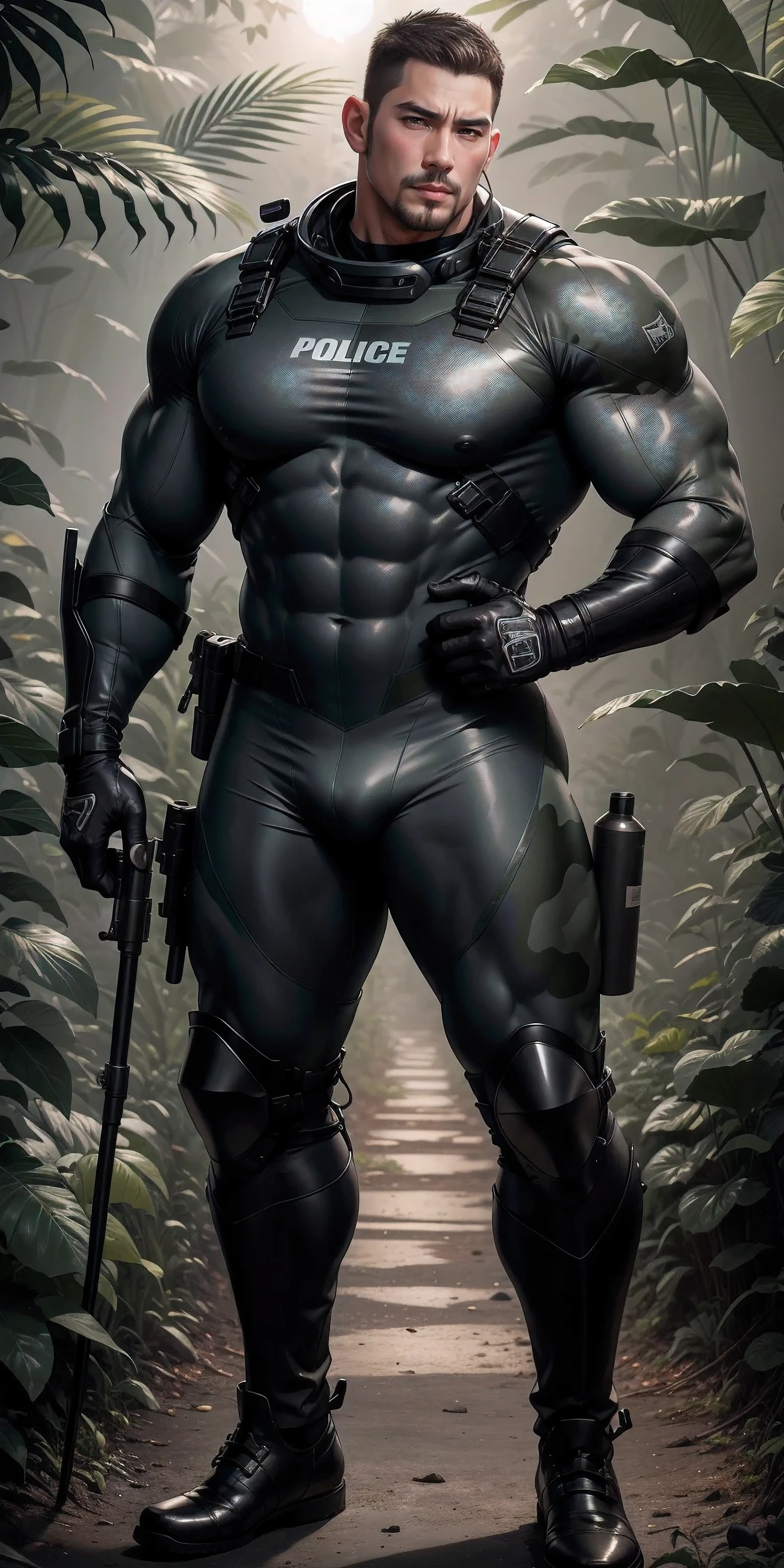 Tall giant muscular police officer.，Gray and black khaki camouflage uniform，character idea（Resident Evil - chris redfield，chris redfield）senior police officer，Wearing a gray and black khaki camouflage diving suit，Matte texture，regular symmetrical texture pattern，Standing in the dark sugar cane jungle, The body is wrapped in thick rattan，sad expression，Deep and charming eyes，Emerald Pupil Hero，heroic male pose，高大burly，muscular！Charming leg muscles，High, burly, Heqiang， Wearing a gray and black khaki camouflage diving suit， Super gain and cool， high resolution committee， Big feet in black boots，Charming strong man，The bright sunshine is shining on you，matte particles，shiny texture