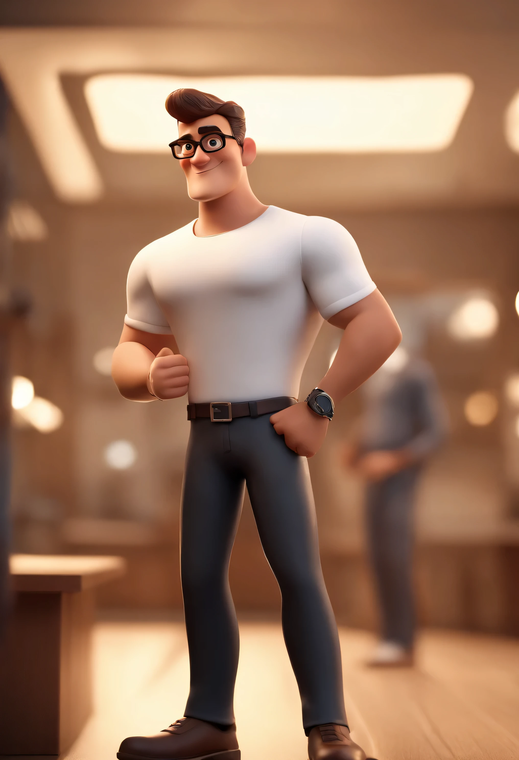 Wearing a white T-shirt and black pants,eyes glass, a short-cut man wears a black watch on his left hand and puts his right hand in his pants pocket.an animated character, Stylized character, animation style rendering, 3D stylized, Arnold Maya render, 3 d render stylized, toon render keyshot, 3D Character, 3D Character, 3d rendering stylized, 3 d character render, cartoon character, Character close up, Character pose, (Pixar Style) (master part:1.2) (Bokeh) (best quality) (detailed skin) (detailed texture) (8k) (clay) (Cinematic lighting) (sharp focus