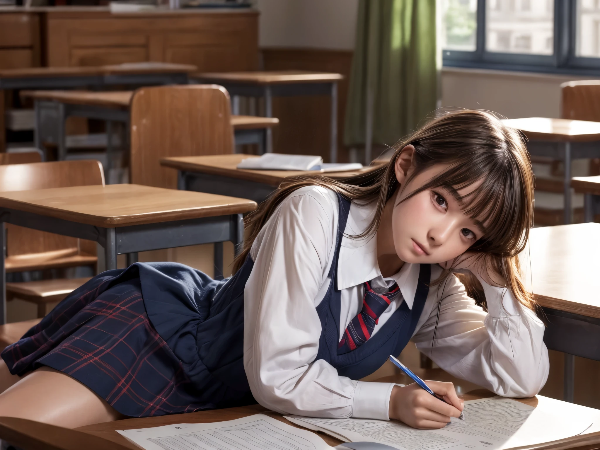 (Top Quality, 8K, High Resolution, masterpiece:1.2), ultra-detailed, realistic, physically based rendering, HDR, colorful lighting, In the classroom, a  dozing school girl, full body, 