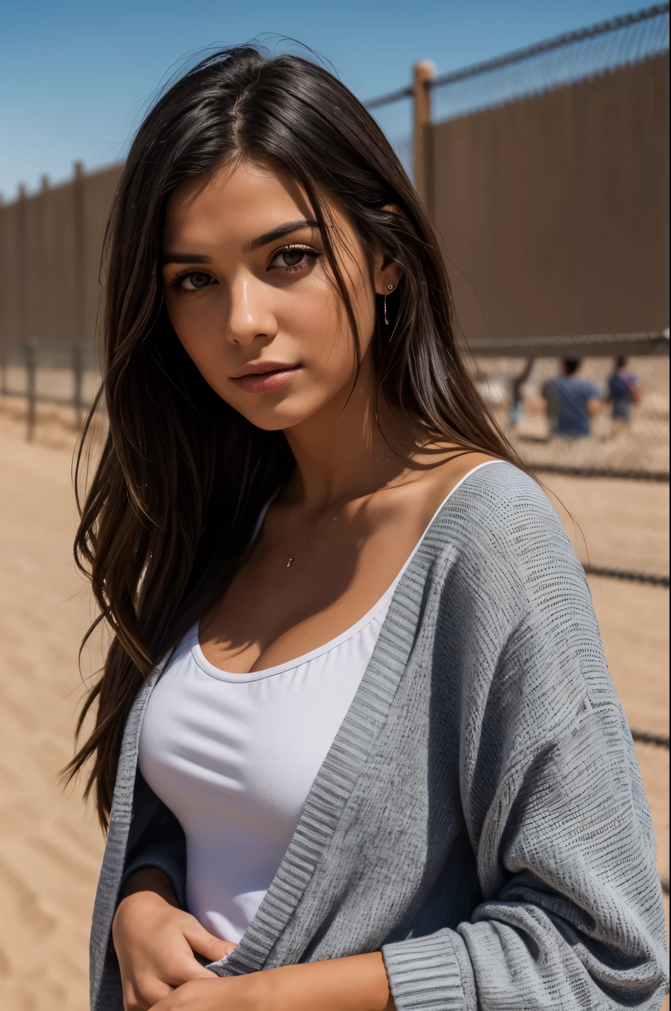 Wife shot of a beautiful 25-year-old brunette at the US Mexican border, watching migrants stream through the fence and across the desert, beautifully lit, dramatic composition, epic scale, sense of awe, ultra-high res. photorealistic:.1.4, (high detailed skin:1.2), 8k uhd, dslr, high quality, film grain, Fujifilm XT3